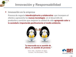 Innovación y Responsabilidad- 12 -Innovación en la empresa	Proceso de negocio interdisciplinario y colaborativo  que incorpora al cliente y aprovecha las nuevas tecnologías  en el desarrollo de productos y servicios que mejoren la calidad de vida agregando valor a la sociedad e impactando positivamente el medio ambiente. 