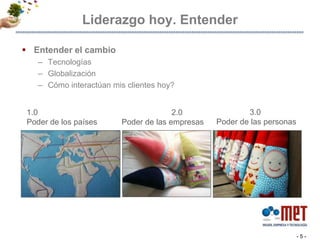 Liderazgo hoy. Entender Entender el cambioTecnologíasGlobalizaciónCómo interactúan mis clientes hoy?- 5 -1.0 Poder de los países	2.0  Poder de las empresas3.0  Poder de las personas