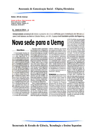 Data: 29 de março

Estado de Minas - Belo Horizonte - MG
Nova sede para a UEMG
Caderno: Gerais - Página: 41
Publicado: 29-03-2011
 