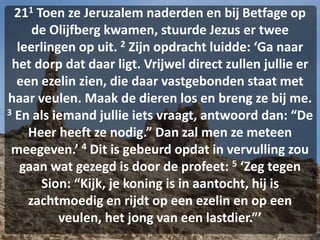 211 Toen ze Jeruzalem naderden en bij Betfage op
de Olijfberg kwamen, stuurde Jezus er twee
leerlingen op uit. 2 Zijn opdracht luidde: ‘Ga naar
het dorp dat daar ligt. Vrijwel direct zullen jullie er
een ezelin zien, die daar vastgebonden staat met
haar veulen. Maak de dieren los en breng ze bij me.
3 En als iemand jullie iets vraagt, antwoord dan: “De
Heer heeft ze nodig.” Dan zal men ze meteen
meegeven.’ 4 Dit is gebeurd opdat in vervulling zou
gaan wat gezegd is door de profeet: 5 ‘Zeg tegen
Sion: “Kijk, je koning is in aantocht, hij is
zachtmoedig en rijdt op een ezelin en op een
veulen, het jong van een lastdier.”’
 