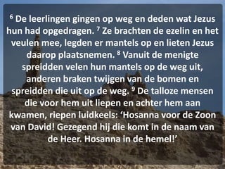 6 De leerlingen gingen op weg en deden wat Jezus
hun had opgedragen. 7 Ze brachten de ezelin en het
veulen mee, legden er mantels op en lieten Jezus
daarop plaatsnemen. 8 Vanuit de menigte
spreidden velen hun mantels op de weg uit,
anderen braken twijgen van de bomen en
spreidden die uit op de weg. 9 De talloze mensen
die voor hem uit liepen en achter hem aan
kwamen, riepen luidkeels: ‘Hosanna voor de Zoon
van David! Gezegend hij die komt in de naam van
de Heer. Hosanna in de hemel!’
 