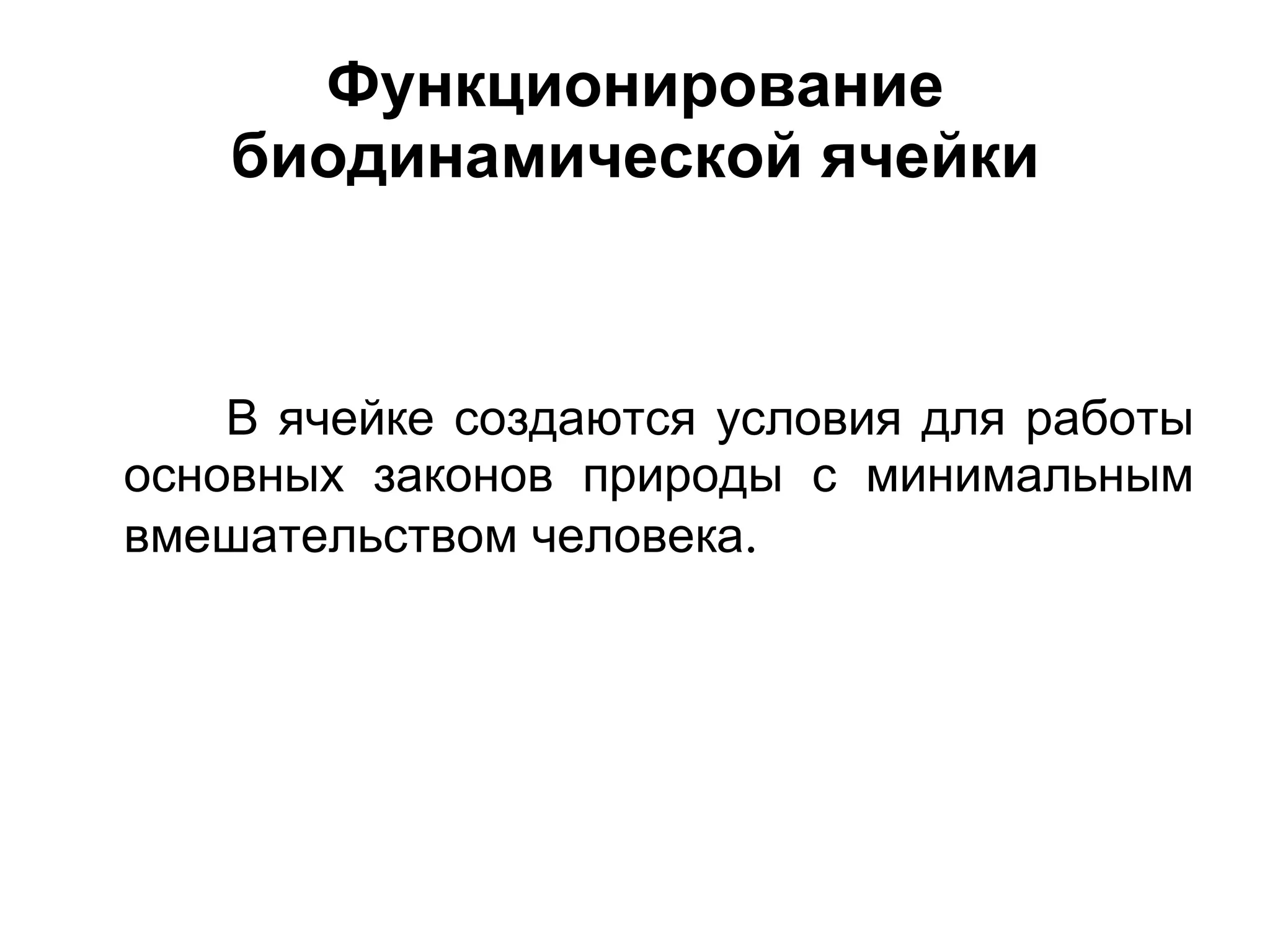 Функционирование биодинамической ячейки В ячейке создаются условия для работы основных законов природы с минимальным вмешательством человека . 