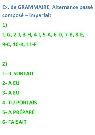 Ex. de GRAMMAIRE, Alternance passé
composé – imparfait
1)
1-G, 2-J, 3-H, 4-I, 5-A, 6-D, 7-B, 8-E,
9-C, 10-K, 11-F


2)
1- IL SORTAIT
2- A EU
3- A EU
4- TU PORTAIS
5- A PRÉPARÉ
6- FAISAIT
 