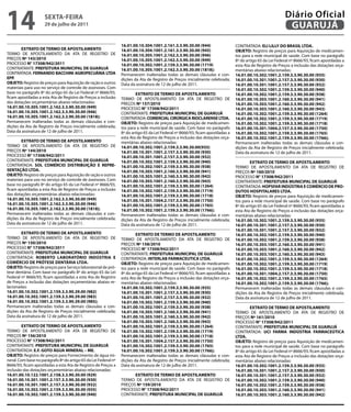 14                   sextA-feiRA
                     29 de julho de 2011
                                                                                                                                                              Diário Oficial
                                                                                                                                                               GUARUJÁ
                                                                 16.01.00.10.304.1001.2.161.3.3.90.30.00 (944)                    CONTRATADA: eLi LiLLY DO BRAsiL LtDA.
        extRAtO De teRMO De APOstiLAMeNtO                        16.01.00.10.304.1001.2.161.3.3.90.30.00 (945)                    OBJetO: Registro de preços para Aquisição de medicamen-
TERMO DE APOSTILAMENTO DA ATA DE REGISTRO DE                     16.01.00.10.305.1001.2.162.3.3.90.30.00 (946)                    tos para a rede municipal de saúde. Com base no parágrafo
PREÇOS Nº 143/2010                                               16.01.00.10.305.1001.2.162.3.3.90.30.00 (949)                    8º do artigo 65 da Lei Federal nº 8666/93, ficam apostiladas a
PROCESSO N° 17308/942/2011                                       16.01.00.10.302.1001.2.159.3.3.90.30.00 (1719)                   esta Ata de Registro de Preços a inclusão das dotações orça-
CONTRATANTE: PRefeitURA MUNiCiPAL De GUARUJÁ                     16.01.00.10.305.1001.2.162.3.3.90.30.00 (1818);                  mentárias abaixo relacionadas:
CONTRATADA: feRNANDO BACCHiNi AGROPeCUÁRiA LtDA                  Permanecem inalteradas todas as demais cláusulas e con-          16.01.00.10.302.1001.2.159.3.3.90.30.00 (935)
ePP.                                                             dições da Ata de Registro de Preços inicialmente celebrada;      16.01.00.10.301.1001.2.157.3.3.90.30.00 (930)
OBJetO: Registro de preços para Aquisição de ração e outros      Data da assinatura de 12 de julho de 2011.                       16.01.00.10.301.1001.2.157.3.3.90.30.00 (932)
materiais para uso no serviço de controle de zoonoses. Com                                                                        16.01.00.10.302.1001.2.159.3.3.90.30.00 (940)
base no parágrafo 8º do artigo 65 da Lei Federal nº 8666/93,             extRAtO De teRMO De APOstiLAMeNtO                        16.01.00.10.302.1001.2.159.3.3.90.30.00 (938)
ficam apostiladas a esta Ata de Registro de Preços a inclusão    TERMO DE APOSTILAMENTO DA ATA DE REGISTRO DE                     16.01.00.10.303.1001.2.160.3.3.90.30.00 (941)
das dotações orçamentárias abaixo relacionadas:                  PREÇOS Nº 157/2010                                               16.01.00.10.303.1001.2.160.3.3.90.30.00 (942)
16.01.00.10.305.1001.2.162.3.3.90.30.00 (949)                    PROCESSO N° 17308/942/2011                                       16.01.00.10.303.1001.2.160.3.3.90.30.00 (943)
16.01.00.10.305.1001.2.162.3.3.90.30.00 (946)                    CONTRATANTE: PRefeitURA MUNiCiPAL De GUARUJÁ                     16.01.00.10.302.1001.2.159.3.3.90.30.00 (1264)
16.01.00.10.305.1001.2.162.3.3.90.30.00 (1818);                  CONTRATADA: COMeRCiAL CiRÚRGiCA RiOCLAReNse LtDA.                16.01.00.10.302.1001.2.159.3.3.90.30.00 (1719)
Permanecem inalteradas todas as demais cláusulas e con-          OBJetO: Registro de preços para Aquisição de medicamen-          16.01.00.10.302.1001.2.159.3.3.90.30.00 (1718)
dições da Ata de Registro de Preços inicialmente celebrada;      tos para a rede municipal de saúde. Com base no parágrafo        16.01.00.10.301.1004.2.157.3.3.90.30.00 (1750)
Data da assinatura de 12 de julho de 2011.                       8º do artigo 65 da Lei Federal nº 8666/93, ficam apostiladas a   16.01.00.10.302.1001.2.159.3.3.90.30.00 (1765)
                                                                 esta Ata de Registro de Preços a inclusão das dotações orça-     16.01.00.10.302.1001.2.159.3.3.90.30.00 (1766);
        extRAtO De teRMO De APOstiLAMeNtO                        mentárias abaixo relacionadas:                                   Permanecem inalteradas todas as demais cláusulas e con-
TERMO DE APOSTILAMENTO DA ATA DE REGISTRO DE                     16.01.00.10.302.1001.2.159.3.3.90.30.00(935)                     dições da Ata de Registro de Preços inicialmente celebrada;
PREÇOS Nº 144/2010                                               16.01.00.10.301.1001.2.157.3.3.90.30.00 (930)                    Data da assinatura de 12 de julho de 2011.
PROCESSO N° 17308/942/2011                                       16.01.00.10.301.1001.2.157.3.3.90.30.00 (932)
CONTRATANTE: PRefeitURA MUNiCiPAL De GUARUJÁ                     16.01.00.10.302.1001.2.159.3.3.90.30.00 (940)                            extRAtO De teRMO De APOstiLAMeNtO
CONTRATADA: sOL COMÉRCiO DistRiBUiÇÃO e RePRe-                   16.01.00.10.302.1001.2.159.3.3.90.30.00 (938)                    TERMO DE APOSTILAMENTO DA ATA DE REGISTRO DE
seNtAÇÃO LtDA.                                                   16.01.00.10.303.1001.2.160.3.3.90.30.00 (941)                    PREÇOS Nº 160/2010
OBJetO: Registro de preços para Aquisição de ração e outros      16.01.00.10.303.1001.2.160.3.3.90.30.00 (942)                    PROCESSO N° 17308/942/2011
materiais para uso no serviço de controle de zoonoses. Com       16.01.00.10.303.1001.2.160.3.3.90.30.00 (943)                    CONTRATANTE: PRefeitURA MUNiCiPAL De GUARUJÁ
base no parágrafo 8º do artigo 65 da Lei Federal nº 8666/93,     16.01.00.10.302.1001.2.159.3.3.90.30.00 (1264)                   CONTRATADA: HOPsfAR iNDÚstRiA e COMÉRCiO De PRO-
ficam apostiladas a esta Ata de Registro de Preços a inclusão    16.01.00.10.302.1001.2.159.3.3.90.30.00 (1719)                   DUtOs HOsPitALARes LtDA.
das dotações orçamentárias abaixo relacionadas:                  16.01.00.10.302.1001.2.159.3.3.90.30.00 (1718)                   OBJetO: Registro de preços para Aquisição de medicamen-
16.01.00.10.305.1001.2.162.3.3.90.30.00 (949)                    16.01.00.10.301.1004.2.157.3.3.90.30.00 (1750)                   tos para a rede municipal de saúde. Com base no parágrafo
16.01.00.10.305.1001.2.162.3.3.90.30.00 (946)                    16.01.00.10.302.1001.2.159.3.3.90.30.00 (1765)                   8º do artigo 65 da Lei Federal nº 8666/93, ficam apostiladas a
16.01.00.10.305.1001.2.162.3.3.90.30.00 (1818);                  16.01.00.10.302.1001.2.159.3.3.90.30.00 (1766);                  esta Ata de Registro de Preços a inclusão das dotações orça-
Permanecem inalteradas todas as demais cláusulas e con-          Permanecem inalteradas todas as demais cláusulas e con-          mentárias abaixo relacionadas:
dições da Ata de Registro de Preços inicialmente celebrada;      dições da Ata de Registro de Preços inicialmente celebrada;      16.01.00.10.302.1001.2.159.3.3.90.30.00 (935)
Data da assinatura de 12 de julho de 2011.                       Data da assinatura de 12 de julho de 2011.                       16.01.00.10.301.1001.2.157.3.3.90.30.00 (930)
                                                                                                                                  16.01.00.10.301.1001.2.157.3.3.90.30.00 (932)
        extRAtO De teRMO De APOstiLAMeNtO                                extRAtO De teRMO De APOstiLAMeNtO                        16.01.00.10.302.1001.2.159.3.3.90.30.00 (940)
TERMO DE APOSTILAMENTO DA ATA DE REGISTRO DE                     TERMO DE APOSTILAMENTO DA ATA DE REGISTRO DE                     16.01.00.10.302.1001.2.159.3.3.90.30.00 (938)
PREÇOS Nº 150/2010                                               PREÇOS Nº 158/2010                                               16.01.00.10.303.1001.2.160.3.3.90.30.00 (941)
PROCESSO N° 17308/942/2011                                       PROCESSO N° 17308/942/2011                                       16.01.00.10.303.1001.2.160.3.3.90.30.00 (942)
CONTRATANTE: PRefeitURA MUNiCiPAL De GUARUJÁ                     CONTRATANTE: PRefeitURA MUNiCiPAL De GUARUJÁ                     16.01.00.10.303.1001.2.160.3.3.90.30.00 (943)
CONTRATADA: ROBeRtO LABORAtÓRiO iNDÚstRiA e                      CONTRATADA: iNteRLAB fARMACeUtiCA LtDA.                          16.01.00.10.302.1001.2.159.3.3.90.30.00 (1264)
COMÉRCiO De PRÓtese DeNtÁRiA LtDA.                               OBJetO: Registro de preços para Aquisição de medicamen-          16.01.00.10.302.1001.2.159.3.3.90.30.00 (1719)
OBJetO: Registro de preços para Serviço laboratorial de pró-     tos para a rede municipal de saúde. Com base no parágrafo        16.01.00.10.302.1001.2.159.3.3.90.30.00 (1718)
tese dentária. Com base no parágrafo 8º do artigo 65 da Lei      8º do artigo 65 da Lei Federal nº 8666/93, ficam apostiladas a   16.01.00.10.301.1004.2.157.3.3.90.30.00 (1750)
Federal nº 8666/93, ficam apostiladas a esta Ata de Registro     esta Ata de Registro de Preços a inclusão das dotações orça-     16.01.00.10.302.1001.2.159.3.3.90.30.00 (1765)
de Preços a inclusão das dotações orçamentárias abaixo re-       mentárias abaixo relacionadas:                                   16.01.00.10.302.1001.2.159.3.3.90.30.00 (1766);
lacionadas:                                                      16.01.00.10.302.1001.2.159.3.3.90.30.00 (935)                    Permanecem inalteradas todas as demais cláusulas e con-
16.01.00.10.302.1001.2.159.3.3.90.39.00 (982)                    16.01.00.10.301.1001.2.157.3.3.90.30.00 (930)                    dições da Ata de Registro de Preços inicialmente celebrada;
16.01.00.10.302.1001.2.159.3.3.90.39.00 (983)                    16.01.00.10.301.1001.2.157.3.3.90.30.00 (932)                    Data da assinatura de 12 de julho de 2011.
16.01.00.10.302.1001.2.159.3.3.90.39.00 (985);                   16.01.00.10.302.1001.2.159.3.3.90.30.00 (940)
Permanecem inalteradas todas as demais cláusulas e con-          16.01.00.10.302.1001.2.159.3.3.90.30.00 (938)                            extRAtO De teRMO De APOstiLAMeNtO
dições da Ata de Registro de Preços inicialmente celebrada;      16.01.00.10.303.1001.2.160.3.3.90.30.00 (941)                    TERMO DE APOSTILAMENTO DA ATA DE REGISTRO DE
Data da assinatura de 12 de julho de 2011.                       16.01.00.10.303.1001.2.160.3.3.90.30.00 (942)                    PREÇOS Nº 161/2010
                                                                 16.01.00.10.303.1001.2.160.3.3.90.30.00 (943)                    PROCESSO N° 17308/942/2011
         extRAtO De teRMO De APOstiLAMeNtO                       16.01.00.10.302.1001.2.159.3.3.90.30.00 (1264)                   CONTRATANTE: PRefeitURA MUNiCiPAL De GUARUJÁ
TERMO DE APOSTILAMENTO DA ATA DE REGISTRO DE                     16.01.00.10.302.1001.2.159.3.3.90.30.00 (1719)                   CONTRATADA: UCi fARMA iNDÚstRiA fARMACeÚtiCA
PREÇOS Nº 156/2010                                               16.01.00.10.302.1001.2.159.3.3.90.30.00 (1718)                   LtDA.
PROCESSO N° 17308/942/2011                                       16.01.00.10.301.1004.2.157.3.3.90.30.00 (1750)                   OBJetO: Registro de preços para Aquisição de medicamen-
CONTRATANTE: PRefeitURA MUNiCiPAL De GUARUJÁ                     16.01.00.10.302.1001.2.159.3.3.90.30.00 (1765)                   tos para a rede municipal de saúde. Com base no parágrafo
CONTRATADA: e.f. GOtO ÁGUA MiNeRAL – Me.                         16.01.00.10.302.1001.2.159.3.3.90.30.00 (1766);                  8º do artigo 65 da Lei Federal nº 8666/93, ficam apostiladas a
OBJetO: Registro de preços para Fornecimento de água mi-         Permanecem inalteradas todas as demais cláusulas e con-          esta Ata de Registro de Preços a inclusão das dotações orça-
neral. Com base no parágrafo 8º do artigo 65 da Lei Federal nº   dições da Ata de Registro de Preços inicialmente celebrada;      mentárias abaixo relacionadas:
8666/93, ficam apostiladas a esta Ata de Registro de Preços a    Data da assinatura de 12 de julho de 2011.                       16.01.00.10.302.1001.2.159.3.3.90.30.00 (935)
inclusão das dotações orçamentárias abaixo relacionadas:                                                                          16.01.00.10.301.1001.2.157.3.3.90.30.00 (930)
16.01.00.10.122.1001.2.158.3.3.90.30.00 (929)                          extRAtO De teRMO De APOstiLAMeNtO                          16.01.00.10.301.1001.2.157.3.3.90.30.00 (932)
16.01.00.10.301.1001.2.157.3.3.90.30.00 (930)                    TERMO DE APOSTILAMENTO DA ATA DE REGISTRO DE                     16.01.00.10.302.1001.2.159.3.3.90.30.00 (940)
16.01.00.10.301.1001.2.157.3.3.90.30.00 (932)                    PREÇOS Nº 159/2010                                               16.01.00.10.302.1001.2.159.3.3.90.30.00 (938)
16.01.00.10.302.1001.2.159.3.3.90.30.00 (935)                    PROCESSO N° 17308/942/2011                                       16.01.00.10.303.1001.2.160.3.3.90.30.00 (941)
16.01.00.10.302.1001.2.159.3.3.90.30.00 (940)                    CONTRATANTE: PRefeitURA MUNiCiPAL De GUARUJÁ                     16.01.00.10.303.1001.2.160.3.3.90.30.00 (942)
 
