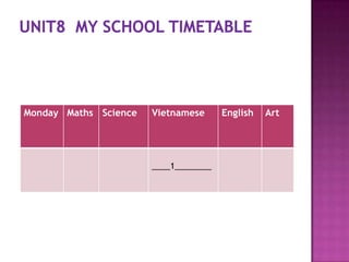 Monday Maths Science   Vietnamese      English   Art




                       ____1________
 