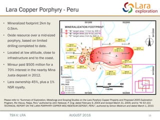 16
• Mineralized footprint 2km by
0.5km.
• Oxide resource over a mid-sized
porphyry, based on limited
drilling completed to date.
• Located at low altitude, close to
infrastructure and to the coast.
• Minsur paid $505 million for a
70% interest in the nearby Mina
Justa deposit in 2012.
• Lara ownership 45%, plus a 1%
NSR royalty.
Lara Copper Porphyry - Peru
Please refer to “Summary of Exploration, Metallurgy and Scoping Studies on the Lara Porphyry Copper Property and Proposed 2005 Exploration
Program, Rio Viscus, Palpa, Peru” authored by John Nebocat, P. Eng. dated February 9, 2004 and revised March 31, 2005; and to “NI 43‐101
TECHNICAL REPORT ON THE LARA PORPHYRY COPPER‐MOLYBDENUM DEPOSIT, PERU”, authored by Simon Meldrum and dated March 1, 2010.
TSX-V: LRA AUGUST 2016
 
