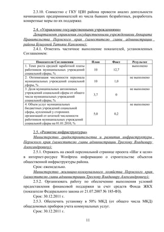 2.3.10. Совместно с ГКУ ЦЗН района провести анализ деятельности
начинающих предпринимателей из числа бывших безработных, разработать
конкретные меры по их поддержке.

     2.4. «Управление государственными учреждениями»
     Департамент управления государственными учреждениями Аппарата
Правительства Пермского края (заместителю главы администрации
района Бушуевой Татьяне Каюмовне):
     2.4.1. Отметить частичное выполнение показателей, установленных
Соглашением:

        Показатели Соглашения                 План   Факт    Результат
1. Темп роста средней заработной платы                       выполнено
работников муниципальных учреждений            10    12,7
социальной сферы, %
2. Оптимизация численности персонала                        не выполнено
муниципальных учреждений социальной            10    1,0
сферы, %
3. Доля муниципальных автономных                            не выполнено
учреждений социальной сферы от общего
                                              3,7     0
числа муниципальных учреждений
социальной сферы, %
4. Объем услуг муниципальных                                не выполнено
бюджетных учреждений социальной
сферы, купленный у сторонних
                                              5,0    0,2
организаций от штатной численности
работников муниципальных учреждений
социальной сферы на 01.01.2010, %

      2.5. «Развитие инфраструктуры»
      Министерство градостроительства и развития инфраструктуры
Пермского края (заместителю главы администрации Трескову Владимиру
Александровичу):
      2.5.1. Отражать на своей персональной странице проекта «Шаг к цели»
в интернет-ресурсе Wordрress информацию о строительстве объектов
общественной инфраструктуры района.
      Срок: еженедельно.
      Министерство жилищно-коммунального хозяйства Пермского края
(заместителю главы администрации Трескову Владимиру Александровичу):
      2.5.2. Организовать работу по обеспечению выполнения условий
предоставления финансовой поддержки за счет средств Фонда ЖКХ
(показатели Федерального закона от 21.07.2007 № 185-ФЗ).
      Срок: 30.12.2011 г.
      2.5.3. Обеспечить установку в 50% МКД (от общего числа МКД)
общедомовых приборов учета коммунальных услуг.
      Срок: 30.12.2011 г.

                                         11
 