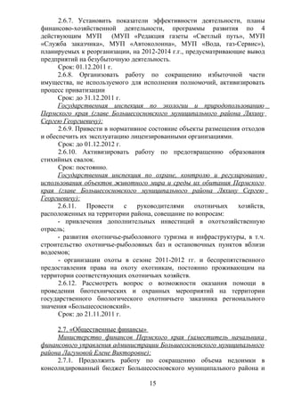 2.6.7. Установить показатели эффективности деятельности, планы
финансово-хозяйственной деятельности, программы развития по 4
действующим МУП (МУП «Редакция газеты «Светлый путь», МУП
«Служба заказчика», МУП «Автоколонна», МУП «Вода, газ-Сервис»),
планируемых к реорганизации, на 2012-2014 г.г., предусматривающие вывод
предприятий на безубыточную деятельность.
      Срок: 01.12.2011 г.
      2.6.8. Организовать работу по сокращению избыточной части
имущества, не используемого для исполнения полномочий, активизировать
процесс приватизации
      Срок: до 31.12.2011 г.
      Государственная инспекция по экологии и природопользованию
Пермского края (главе Большесосновского муниципального района Ляхину
Сергею Георгиевичу):
      2.6.9. Привести в нормативное состояние объекты размещения отходов
и обеспечить их эксплуатацию лицензированными организациями.
      Срок: до 01.12.2012 г.
      2.6.10. Активизировать работу по предотвращению образования
стихийных свалок.
      Срок: постоянно.
      Государственная инспекция по охране, контролю и регулированию
использования объектов животного мира и среды их обитания Пермского
края (главе Большесосновского муниципального района Ляхину Сергею
Георгиевичу):
      2.6.11.   Провести     с  руководителями     охотничьих  хозяйств,
расположенных на территории района, совещание по вопросам:
      - привлечения дополнительных инвестиций в охотхозяйственную
отрасль;
      - развития охотничье-рыболовного туризма и инфраструктуры, в т.ч.
строительство охотничье-рыболовных баз и остановочных пунктов вблизи
водоемов;
      - организации охоты в сезоне 2011-2012 гг. и беспрепятственного
предоставления права на охоту охотникам, постоянно проживающим на
территории соответствующих охотничьих хозяйств.
      2.6.12. Рассмотреть вопрос о возможности оказания помощи в
проведении биотехнических и охранных мероприятий на территории
государственного биологического охотничьего заказника регионального
значения «Большесосновский».
      Срок: до 21.11.2011 г.

     2.7. «Общественные финансы»
     Министерство финансов Пермского края (заместитель начальника
финансового управления администрации Большесосновского муниципального
района Лагуновой Елене Викторовне):
     2.7.1. Продолжить работу по сокращению объема недоимки в
консолидированный бюджет Большесосновского муниципального района и

                                  15
 
