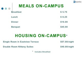 MEALS ON-CAMPUS Breakfast $ 5.75 Lunch  $ 8.25 Dinner $10.00 Banquet  $45.00 HOUSING ON-CAMPUS * Single Room in Eastview Terrace  $57.00/night Double Room Nittany Suites $40.00/night *  Includes Breakfast 