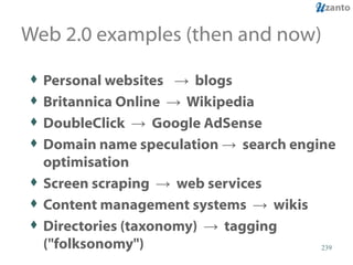 Web 2.0 examples (then and now) Personal websites  ->  blogs  Britannica Online  ->  Wikipedia  DoubleClick  ->  Google AdSense  Domain name speculation ->  search engine optimisation  Screen scraping  ->  web services  Content management systems  ->  wikis  Directories (taxonomy)  ->  tagging ("folksonomy")  