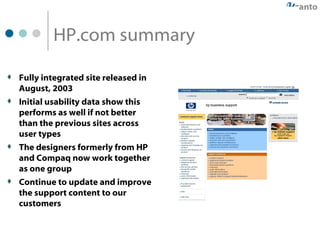 HP.com summary Fully integrated site released in August, 2003 Initial usability data show this performs as well if not better than the previous sites across user types The designers formerly from HP and Compaq now work together as one group  Continue to update and improve the support content to our customers http://h20000.www2.hp.com/bizsupport/TechSupport/Home.jsp 