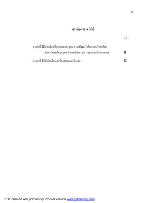 ฌ



                                                       สารบัญตาราง (ตอ)

                                                                                            หนา

                    ตารางที่ 13 คาเฉลี่ยงเบี่ยงเบนมาตรฐาน ความพึงพอใจในการเปรียบเทียบ
                               ดานบริการหองสมุด / อินเตอรเน็ต ระหวางศูนยมุกกับสกลนคร   41

                    ตารางที่ 14 ขอคิดเห็นและขอเสนอแนะเพิ่มเติม                            42




PDF created with pdfFactory Pro trial version www.pdffactory.com
 