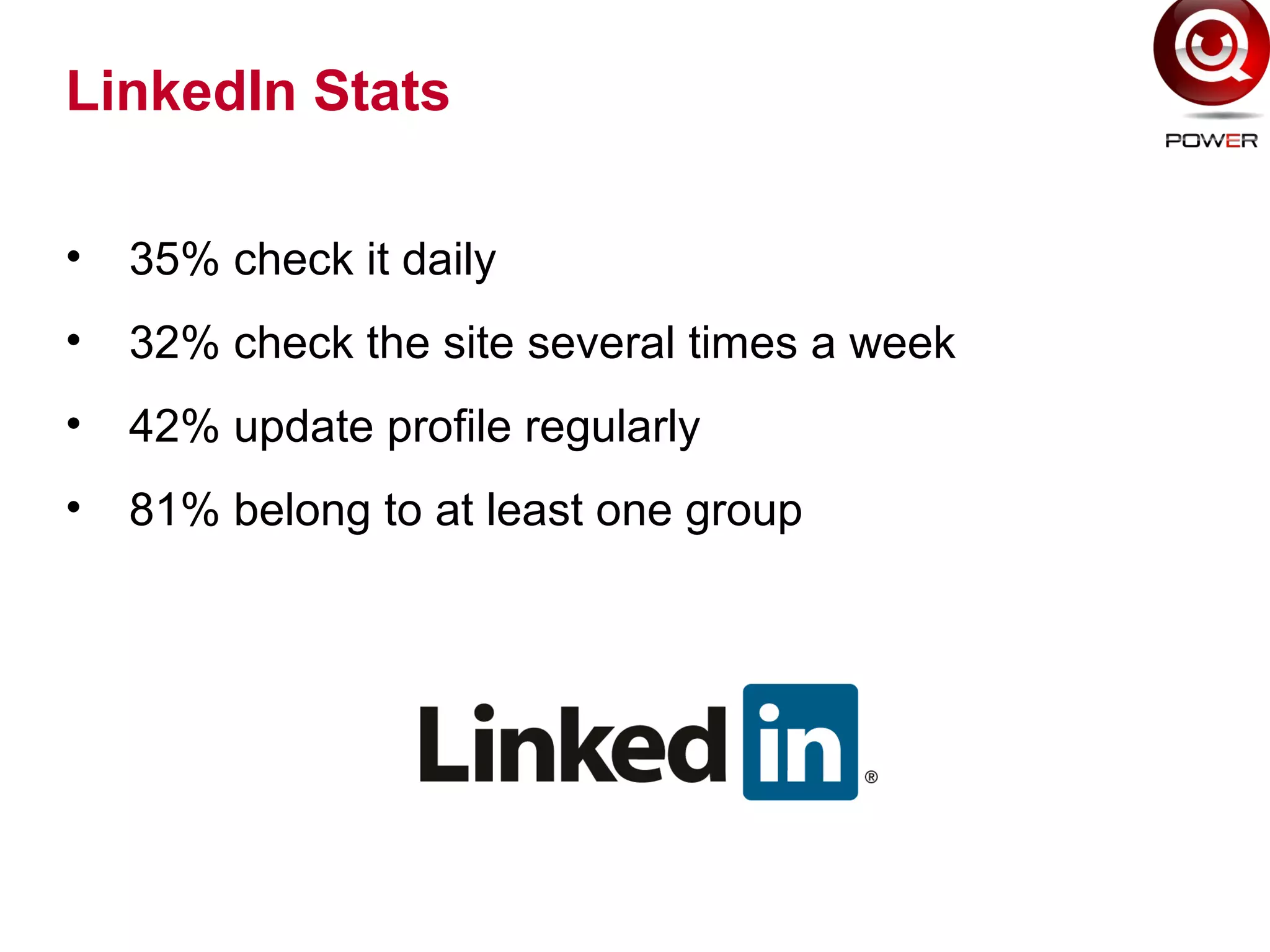 LinkedIn Stats
• 35% check it daily
• 32% check the site several times a week
• 42% update profile regularly
• 81% belong to at least one group
 