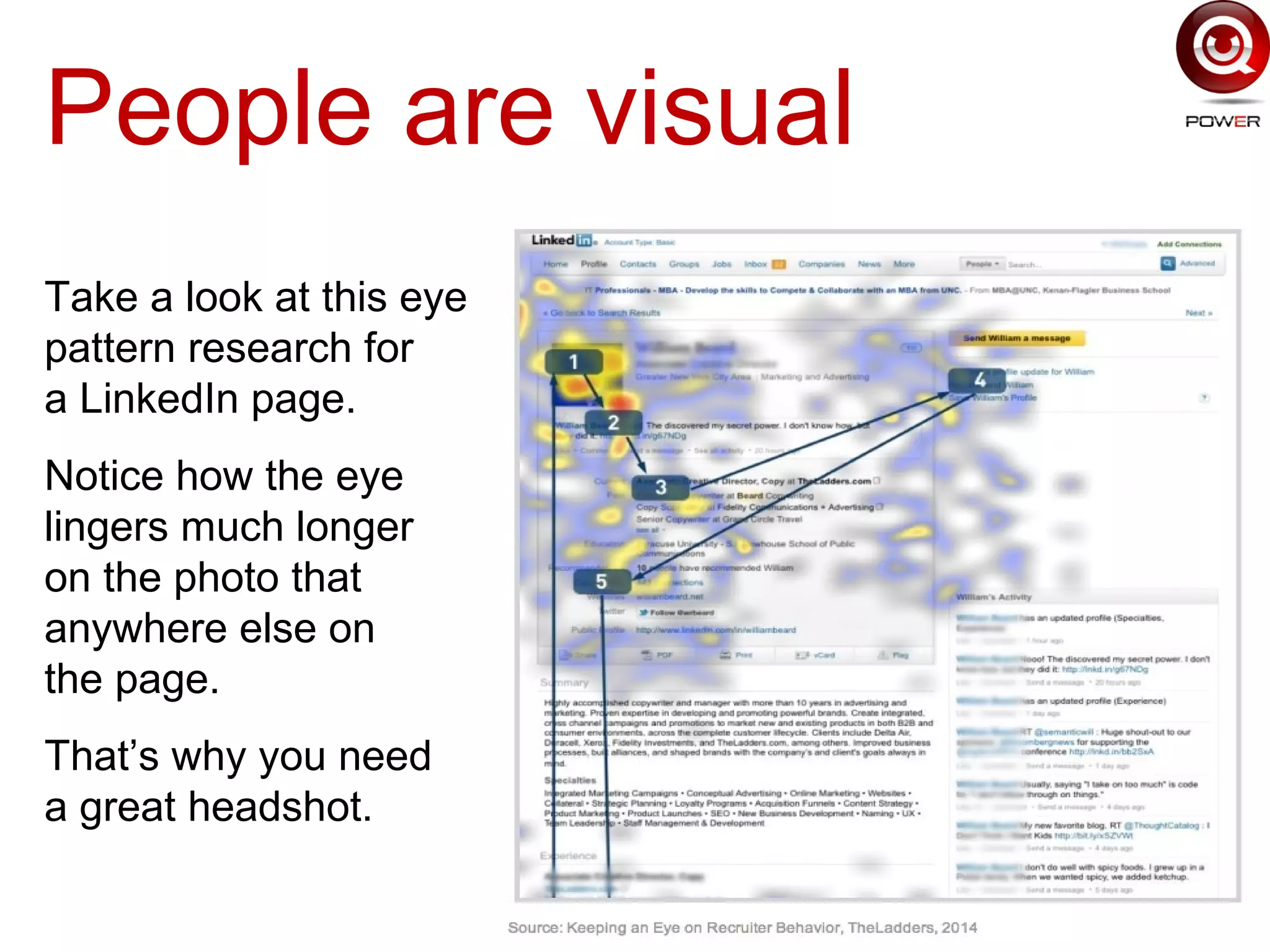People are visual
Take a look at this eye
pattern research for
a LinkedIn page.
Notice how the eye
lingers much longer
on the photo that
anywhere else on
the page.
That’s why you need
a great headshot.
 