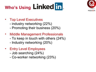 Who’s Using
• Top Level Executives
- industry networking (22%)
- Promoting their business (20%)
• Middle Management Professionals
- To keep in touch with others (24%)
- Industry networking (20%)
• Entry Level Employees
- Job searching (24%)
- Co-worker networking (23%)
 