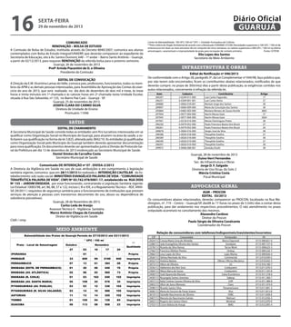 16

Diário Oficial
GUARUJÁ

sexta-feira

29 de novembro de 2013

COMUNICADO
RENOVAÇÃO – BOLSA DE ESTUDO
A Comissão de Bolsa de Estudos, instituída através do Decreto 8040/2007, comunica aos alunos
contemplados com Bolsa de Estudo Integral/UNAERP, que deverão comparecer ao expediente da
Secretaria de Educação, sito à Av. Santos Dumont, 640 – 1º andar – Bairro Santo Antônio – Guarujá,
a partir de 02/12/2013, para requerer RENOVAÇÃO da referida bolsa para o próximo semestre.
Guarujá, 26 de novembro de 2013
Profª Arinda Piacentini de O. e Oliveira
Presidente da Comissão
EDITAL DE CONVOCAÇÃO
A Direção da E.M. Vicentina Lamas do Valle, convoca pais, professores, funcionários, todos os membros da APM e as demais pessoas interessadas, para Assembléia de Aprovação das Contas do exercício do ano de 2013, que será realizada no dia dois de dezembro de dois mil e treze, às treze
horas e trinta minutos em 1ª chamada e às catorze horas em 2ª chamada nesta Unidade Escolar,
situada à Rua São Sebastião, nº 125, no Bairro Pae Cará – Guarujá - SP.
Guarujá, 25 de novembro de 2013.
JOSEFA CLARA DO CARMO SILVA
Diretora de Unidade de Ensino
Prontuário 11046

saúde
EDITAL DE CHAMAMENTO
A Secretaria Municipal de Saúde convida todas as entidades sem fins lucrativos interessadas em se
qualificar como Organização Social no Município do Guarujá, para atuarem na área da saúde, a solicitarem sua qualificação na forma da lei 3.825, alterada pela 3842/10. As entidades já qualificadas
como Organização Social pelo Municipio do Guarujá também deverão apresentar documentação
para nova qualificação. Os documentos deverão ser apresentados junto à Divisão de Protocolo Geral da Prefeitura até dia 13 de dezembro de 2013 endereçado ao Secretário Municipal de Saúde.
Daniel Simões de Carvalho Costa
Secretário Municipal de Saúde
Comunicado DE INTERDIÇÃO nº 07 - DIVISA-2/2013
A Diretoria da Vigilância em Saúde no uso de suas atribuições e em cumprimento à legislação
sanitária vigente, comunica que em 28/11/2013 foi realizada a INTERDIÇÃO CAUTELAR do Estabelecimento sob razão social: MINISTÉRIO EVANGÉLICO PALAVRA DE VIDA - “COMUNIDADE
TERAPÊUTICA PALAVRA DE VIDA”, CNPJ Nº 03.742.978/0001-17, estabelecido na RUA DOIS
Nº 155 – JARDIM ENSEADA, por estar funcionando, contrariando a Legislação Sanitária vigente:
Lei Estadual 10083/98, art. 86, 88, 57 e 122, incisos I, III e XIX, e o Regulamento Técnico – RDC ANVISA 29/2011 ( requisitos de segurança sanitária para o funcionamento de instituições que prestam
serviços de atenção a pessoas com transtornos decorrentes do uso, abuso ou dependência de
substância psicoativas).
Guarujá, 28 de Novembro de 2013.
Carlos Leda de Araújo
Assessor Técnico II – Vigilância Sanitária
Marco Antônio Chagas da Conceição
Diretor de Vigilância em Saúde
CldA / nmp

meio ambiente
��������������	���	������	��	�������	����������	����������	���	����������
!	"#$	�	���	��
�����	�	�����	��	������� ��

&������
��

*�&+�'��

'�(�����
��

��

��

�)

!!	
%��������

,

��

,

,

,

��-.���

��

�/+/%"0

1��

12

��1�

2)�

*�.�-.���

�/+'�3�"$&

��

��

��

�4)

�2

��-.���

/'5/�6�	7/58+9	6/	�/+'�3�"$&:

��

��

�1

))�

��

��-.���

/'5/�6�	7�;9	�8�<'8*$�:

��

�1

��

=1�

��

��-.���

/'5/�6�	7+9	$>*�/:

��

��

�1�

=)�

���

*�.�-.���

/'5/�6�	7�;9	5�'8�	3�+*�:

�=

��2

�)

=�1

�)

*�.�-.���

�*8�'�"/*+�5	7�;9	�"��*5*:

��

��

��

��1

��)

*�.�-.���

�*8�'�"/*+�5	7+9	5*�;�	;���6?&:

��

�)

��

=44

��=

*�.�-.���

�58@+*�5

��

��

�)

���

���

*�.�-.���

8&3�&

��

��=

�)

��4

4)

*�.�-.���

�"�*@��

�1

���

�4

=�4

��

*�.�-.���

�����������	���	�����	�������������������

!����������	�������	���	����������	

�!!������������������������������	�����	����������	��� ��!"����#$�%��&'(�����)�� ��	�� � !*������ �	������������������
������������� �����!	 ��!��	� �	�� ��	 ����!�����+!������������� ��	�	 ,��!�-	���� � !*������ �	�.�����������������	�
/����	�	�� ��	���,��	�	�����0	��	���*��*����	����	�*�	�	�*	�	������	"����������	���*���1���2�����������������������������������������������������

/���	��.��	���	5�����

Limite de Balneabilidade: 100 UFC/100 ml *UFC = Unidade Formadora de Colônia
**Pelo critério do Órgão Ambiental de acordo com a Resolução CONAMA 273/00: Densidades superiores a 100 UFC / 100 ml de
enterococos em duas ou mais amostras de um conjunto de cinco semanas, ou valores superiores a 400 UFC / 100 ml na última
amostragem, caracterizam a impropriedade da praia para recreação de contato primário.	
Fonte: CETESB

Elio Lopes dos Santos
Secretário de Meio Ambiente

infraestrutura e obras
Edital de Notificação nº 046/2013
De conformidade com o Artigo 28, parágrafo 3º, da Lei Complementar nº 044/98, faço público que,
por não terem sido encontrados, ficam os contribuintes abaixo relacionados, notificados de que
deverão cumprir, no prazo de 30(trinta) dias a partir desta publicação, as exigências contidas nos
autos relacionados, concernente à infração da referida lei.
Auto
300207
296251
289880
289897
295864
297944
297945
297941
296256
296261
289878
296588
296589
296590
296591
299972

Cadastro
2-0249-011-000
6-0309-001-001
5-0064-018-001
5-0060-009-000
3-0483-003-000
2-0077-004-000
2-0077-004-000
2-0218-014-000
6-0479-052-000
6-0479-052-000
5-0064-016-000
3-0020-018-000
3-0020-018-000
3-0020-019-000
3-0020-019-000
5-0046-008-001

Contribuinte
Luiz Carlos Fagundes
Luiz Carlos Vieira
Manoel Jorge dos Santos
Maria da Conceição dos Santos
Mariana Moraes de Souza Hochle
Nacim Mussa Gaze
Nacim Mussa Gaze
Nieves Domingues Prieto
Paulo Francisco Bastos Von Bruck
Paulo Francisco Bastos Von Bruck
Sérgio José da Silva
Theophilo Estefno
Theophilo Estefno
Theophilo Estefno
Theophilo Estefno
Zentoku Enohi

Artigo
17
27
38
38
38§5
27
26§4
38
27
26
38
27
38
27
38
38

Guarujá, 28 de novembro de 2013
Duino Verri Fernandes
Sec. de Infraestrutura e Obras
Jorge D. F. Salgado
Diretoria de Uso Ocup. do Solo 2
Márcia Cristina Costa
Fiscal Municipal

advocacia geral
AGM – PROCON
EDITAL 03/2013
Os consumidores abaixo relacionados, deverão comparecer ao PROCON, localizado na Rua Washington, nº. 719 – Centro – Guarujá/SP, das08 às 17 horas no prazo de 3 (três) dias a contar desta
publicação, para dar andamento nos respectivos procedimentos. O não atendimento no prazo
estipulado acarretará no cancelamento dos mesmos.
Alexandre Cardoso
Diretor do Procon
Paulo Sérgio de Oliveira Cavalcante
Coordenador do Procon
Relação de consumidores com telefones/indisponíveis/inexistentes/incorretos:
CIP
2024/13
2288/13
2578/13
2766/13
2966/13
3026/13
3032/13
3073/13
3356/13
3384/13
3400/13
3430/13
3457/13
3483/13
3598/13
3606/13
3610/13
3687/13
3692/13
3703/13

Consumidor
Creuza Maria Lima de Almeida
João Evangelista Oliveira dos Santos
Ricardo da Silva Ramos
Francisco Elielton Pereira
Levy Lopes da Silva
Sidney Machado da Silva
Antônio Batista
Ailton de Oliveira
Valdomira dos Reis Soto
Nilson Barra de Souza
Sueli Aparecida Marsola
Rosangela Santos Jeremias
Kelly Cristine Caceres Oliveira da Silva
Jilton de Jesus Menezes
Ricardo Santos Silva
Maria do Socorro de Farias Soares
Danielle Nascimento de Oliveira
Marcelo do Nascimento Galvão
Rogerio dos Santos Otero
Cicero Batista de Araujo

Fornecedor
Banco Daycoval
Goodyear
Tecno Work
Uniesp
Lojas Marisa
Continental
Ofimec Oficina Mecânica
LG
Credsystem
Credsystem
Caixa Econômica
Sabesp
COP
Claro
Panamericano
Vivo
HSBC
Walmart
Worknet
BMG

FA
0113-006.821-0
0113-007.727-0
0113-008.625-5
0113-009.242-7
0113-009.836-4
0113.010.030-5
0113.010.042-3
0113-010.180-7
0113.011.076-5
0133.011.165-8
0113-011.218-6
0113-011.300-1
0113-011.389-0
0113-011.474-0
0113.011.801-3
0113.011.815-8
0113.011.838-6
0113-012.056-5
0113.012.070-0
0113.012.095-4

 