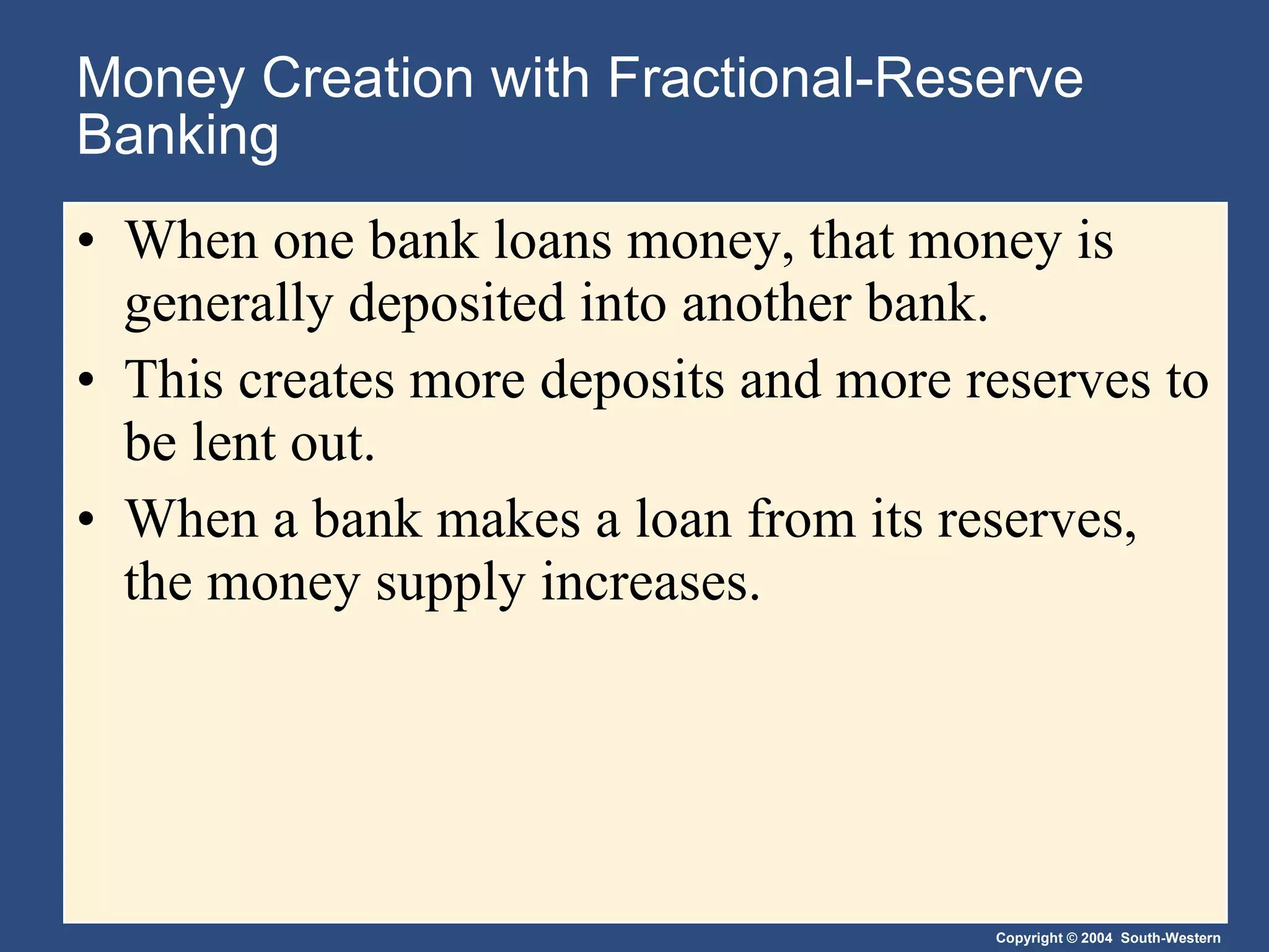 Money Creation with Fractional-Reserve Banking When one bank loans money, that money is generally deposited into another bank. This creates more deposits and more reserves to be lent out.  When a bank makes a loan from its reserves, the money supply increases. 