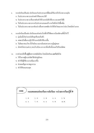 .      หากนักเรี ยนเป็ นเด่น นักเรี ยนจะรับประทานยาทีพีพงษ์ให้มาหรื อไม่ เพราะเหตุใด
       ก. รับประทาน เพราะจะช่วยทําให้ชนะดวงได้
       ข. รับประทาน เพราะเป็ นยาขยันทําให้อ่านหนังสื อได้นาน และจดจําได้ดี
       ค. ไม่รับประทาน เพราะหากรับประทานหมดแล้ว อาจไม่มีเงินไปซือเพิม
       ง. ไม่รับประทาน เพราะยาดังกล่าวเป็ นสารเสพติด ก่อให้เกิดโทษมากกว่าประโยชน์ต่อร่ างกาย

.      หากนักเรี ยนเป็ นเด่น นักเรี ยนจะทําอย่างไรเพือให้ได้ผลการเรี ยนดีตามทีตังใจไว้
       ก. มุ่งมันตังใจอ่านหนังสื อทุกคืนจนถึงเช้า
       ข. เสพยาบ้าเพือกระตุนให้อ่านหนังสื อได้นานขึน
                              ้
       ค. ไม่คิดเอาชนะใคร ตังใจเรี ยน และหมันทบทวนความรู ้อยูเ่ สมอ
       ง. เลิกทํากิจกรรมต่างๆ ของโรงเรี ยน เอาเวลาทีเหลือทังหมดไปเรี ยนพิเศษ

    . การช่วยเหลือฟื นฟูผติดสารเสพติดมีประโยชน์ต่อสังคม ยกเว้ นข้อใด
                         ู้
      ก. ให้โอกาสผูกระทําผิดได้กลับสู่ สังคม
                     ้
      ข. ทําให้มีผใช้แรงงานเพิมมากขึน
                  ู้
      ค. ช่วยลดปั ญหาอาชญากรรม
      ง. ทําให้สังคมสงบสุ ข




            เฉลย         แบบทดสอบก่ อนเรียน-หลังเรียน หน่ วยการเรียนรู้ ที 9

                     1. ค           .ก           .ค            .ง           .ข
                      .ง            .ก           .ง            .ค            .ข




                                                   235
 