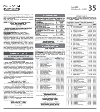 Diário Oficial
 GUARUJÁ
                                                                                                                                                    sábado
                                                                                                                                                    29 de dezembro de 2012
                                                                                                                                                                                               35
na sessão pública e, principalmente, na homologação já publi-
cada no Diário Oficial do Município, na data de 29 de novembro                        meio ambiente                                                           EDITAL N° 046/ 2012
de 2012, a seguinte disposição passa a ser retificada na homolo-                                                                          Faço público que, após o prazo de sete (07) dias a contar da pu-
gação do pregão em tela.                                                                                                                  blicação do presente Edital, serão exumados os restos mortais
Onde se lê: DIPREL COMERCIAL EQUIPAMENTOS E SERVICOS                                                                                      das GAVETAS E CAMPAS , cujos números e nomes vão abaixo
(NOME FANTANSIA)                                                                                                                          relacionados, sendo os despojos recolhidos ao ossuário comum
Leia-se: DIOGENES GOMES JUNIOR ME (RAZÃO SOCIAL)                                                                                          do CEMITÉRIO “SAUDADE” – VILA JÚLIA - GUARUJÁ-SP.
              Guarujá, 28 de Dezembro de 2012                                                                                               Localização                                          Data de
                MARIA ANTONIETA DE BRITO                                                                                                                                Nome                               Carneira
                                                                                                                                          Gaveta Número                                        falecimento
                           PREFEITA                                                                                                         D       048   HUGO RODRIGUES DA SILVA              07/11/2006    ADULTO
                                                                                                                                            H       063   CELINA MARIA DE ARAUJO               21/10/2006    ADULTO
    EXTRATO DE TERMO DE ADITAMENTO DE CONTRATO                                                                                               E      049   ALUISIO BENTO PEREIRA                16/09/2006    ADULTO
CONTRATO ADMINISTRATIVO N°. 125/2012 TA 02                                                                                                   E      023   ERIBERTO GONÇALVES DE OLIVEIRA       17/08/2006    ADULTO
CONVITE N.º 055/ 2012                                                                                                                       B       199   LUIZ BENEDICTO CONSOLE               28/07/2006    ADULTO
PROCESSO ADMINISTRATIVO Nº. 37660/26/2011                                                                                                   G       023   NATIMORTO                            15/07/2006    CRIANÇA
CONTRATANTE: PREFEITURA MUNICÍPAL DE GUARUJÁ
                                                                                                                                            C       236   JOSE DOS ANJOS FILHO                 13/06/2006    ADULTO
CONTRATADA: TECSA ENGENHARIA E COMÉRCIO LTDA
                                                                                                                                            C       475   ERIVALDO DE OLIVEIRA RAMOS           04/06/2006    ADULTO
OBJETO: 	Execução de instalações de combate contra incêndio,
                                                                                                                                            C       305   ELIEU VIEIRA DE MELO                 19/05/2006    ADULTO
conforme projeto existente, na E.M. Benedito Cláudio da silva,
                                                                                                                                            C       345   LUIZ MANOEL JORGE                    14/05/2006    ADULTO
para posterior obtenção do AVCB – Auto de Vistoria do Corpo
                                                                                                                                             I      033   MARIA DO CARMO SOUZA DO NASCIMENTO   16/12/2006    ADULTO
de Bombeiros. Resolvem as partes prorrogar o contrato por
mais 90 (noventa) dias conforme justificativas e parecer jurídico                                                                           D       012   COSMO MOREIRA DOS SANTOS             31/12/2007    ADULTO
constantes no processo administrativo nº 18614/111481/2012                                                                                  B       038   ODETTE SARAIVA                       30/12/2007    ADULTO
nos termos do que dispõe o artigo 57, § 1º, inciso III da Lei Fe-                                                                           B       109   JORGE LUIZ PIRES                     24/12/2007    ADULTO
deral nº 8666/93; Os serviços ora contratados serão diretamente                   desenvolvimento                                           C       175   FRANCISCO INNACIO                    22/12/2007    ADULTO
acompanhados e fiscalizados, em todas as fases, pela Secreta-                                                                               B       123   MARIA ISABEL BORGES DA CRUZ           20/12/2007    ADULTO
                                                                                   e gestão urbana
ria de Desenvolvimento e Gestão Urbana, que zelará pelo fiel                                                                                B       265   EVANDRO INACIO DA SILVA               20/12/2007    ADULTO
cumprimento das obrigações assumidas pela Contratada, nos                                EDITAL Nº. 045/2012                                B       151   NAIR SOARES                           15/12/2007    ADULTO
termos do art. 67, da Lei Federal nº 8666/93; Data da Assinatura:    Faço público que, após o prazo de sete (07) dias a contar da pu-       B       247   REINALDO VIEIRA DO NASCIMENTO         13/12/2007    ADULTO
09/11/2012.                                                          blicação do presente Edital, serão exumados os restos mortais          C       113   OTILIA MARIA DE SOUZA                 11/12/2007    ADULTO
                                                                     dos Columbários, cujos números e nomes vão abaixo relacio-             C       157   MARIA JOSE SILVA DA LUZ               11/12/2007    ADULTO
              Atos oficiais                                          nados, sendo os despojos recolhidos ao ossuário comum do
                                                                     CEMITÉRIO “JARDIM DA PAZ” – MORRINHOS - VICENTE DE
                                                                                                                                            H
                                                                                                                                            A
                                                                                                                                                    053
                                                                                                                                                    135
                                                                                                                                                          CICERO PEREIRA DA CONCEIÇÃO
                                                                                                                                                          IDA BIANCONI LAMAS
                                                                                                                                                                                                10/12/2007
                                                                                                                                                                                                10/12/2007
                                                                                                                                                                                                              ADULTO
                                                                                                                                                                                                              ADULTO
         secretarias municipais                                      CARVALHO GUARUJA.                                                      B1      037   NAILDA ANTONIA DA CONCEIÇÃO           01/12/2007    ADULTO
                                                                                                                     Data                   G       053   LUIZ WALTER ALVES DE JESUS            26/09/2005    ADULTO
                                                                      Gavetas                Nome                              Carneira
                      educação                                          B 30    MARIA DOS PRAZERES DA SILVA
                                                                                                                Falecimento
                                                                                                                 02/12/2007    ADULTO
                                                                                                                                             F      091   NEYTA DE LOURDES SILVA                10/09/2005    ADULTO
                                                                                                                                            N       023   CARMEN BORGES BARRETO                 26/06/2005    ADULTO
                   EDITAL DE CONVOCAÇÃO                                 B 31    NAIR BATISTA DOS SANTOS          06/12/2007    ADULTO
                                                                                                                                            G       038   PORFIRIA RUBINA DOS SANTOS            28/07/2005    ADULTO
A Direção da E.M. “Profª Dirce Valério Gracia” serve-se do pre-         B 32    ANTONIA ANA DE JESUS FRAZÃO      06/12/2007    ADULTO
                                                                                                                                            N       052   JOÃO DA SILVA SOARES                  17/12/2003    ADULTO
                                                                        B 33    HERMES JOSE DA CRUZ              07/12/2007    ADULTO
sente edital para convocar pais, professores, alunos maiores de                                                                             N       040   LAZARO KITOFF                         07/02/2001    ADULTO
                                                                        B 34    TEREZA CANDIDA                   07/12/2007    ADULTO
idade, funcionários e demais pessoas da comunidade para a As-                                                                               N       017   LUIZ ROBERTO SOUZA                    04/07/2005    ADULTO
                                                                        B 35    SEBASTIÃO FERREIRA DE SOUZA      09/12/2007    ADULTO
sembleia Geral Ordinária a ser realizada aos quatro dias do mês         B 36    JOSE TORQUATO DA SILVA           09/12/2007    ADULTO       H       077   JOSEFA CLAUDIANA MATEUS SANTANA       28/08/2005    ADULTO
de janeiro de dois mil e treze, às dez horas em primeira chama-         B 37    JULIO HONORIO ROSA               09/12/2007    ADULTO       H       046   IVANI HOSQUEM FERREIRA                24/10/2001    ADULTO
da, e às dez horas e trinta minutos em segunda chamada, nas             B 39    RAIMUNDA CALHEIRA DA SILVA       11/12/2007    ADULTO        F      101   CLEUNILSON MIGUEL DA SILVA            04/11/2002    ADULTO
dependências desta Unidade Escolar, situada à Av. Dom Pedro I           B 40    ANTONIO PAULO DA SILVA           11/12/2007    ADULTO        E      077   WILMA RUBINO DA SILVA PEREZ           01/09/2002    ADULTO
nº 340 – Jardim Tejereba , para tratar da seguinte ordem do dia:        B 41    OLIVIA JERONIMO DOS SANTOS       11/12/2007    ADULTO
                                                                                                                                             E      061   JOSE ANGELO SILVA AGUIAR              14/02/2004    ADULTO
- Demonstrativo de balancetes do 4º, 5º e 6º bimestres exercício        B 42    LUIZ CARLOS TORRENS              13/12/2007    ADULTO
                                                                                                                                             F      050   CLAUDIA ALVES BARRETO DE SOUZA        01/07/2003    ADULTO
2012, com os recursos das verbas Convênio APM/PMG, Recursos             B 43    ADILSON DIAS NOVAES              13/12/2007    ADULTO
                                                                                                                                             F      113   HERMINIO TANIOLO                      27/06/1992    ADULTO
Próprios e PDDE/FNDE.                                                   B 44    NAOMI MORIZONO SANTOS            14/12/2007    ADULTO
- Prestação e aprovação de contas anuais, verbas Convênio APM/          B 45    MARIA AUGUSTA DA SILVA           14/12/2007    ADULTO
                                                                        B 46    CARLOS VILALBA SOARES            15/12/2007    ADULTO     QUADRA CAMPA         NOME                      FALECIMENTO CARNEIRA
PMG, Recursos Próprios e PDDE/FNDE.
                                                                        B 47    PATRICIA SILVA DOS SANTOS        17/12/2007    ADULTO       A1    001 AUREA IZIDORO MONTEIRO              16/09/2005  ADULTO
- Assuntos pertinentes.                                                                                                                     A1    002 GRACIETE FLORENCIO DA SILVA         31/05/2004  ADULTO
                                                                        B 49    OSCAR GOMES DE ALMEIDA           18/12/2007    ADULTO
               Guarujá, 21 de dezembro de 2012.                                                                                             A1    006 WALTER LIBUTTI                      25/09/2002  ADULTO
                                                                        B 52    BOLIVAR JOSE DOS SANTOS          20/12/2007    ADULTO
                Magna Cristina dos S. A. Gracia                         B 53    JULIO ALVES DA SILVA             25/12/2007    ADULTO       C1    006 MARIA ODILIA ALVES DA SILVA         26/07/1999  ADULTO
         Diretora da Unidade de Ensino - Pront.: 13.270                 B 57    JOÃO AFONÇO DE ALMEIDA           24 /12/2007   ADULTO       H1    007 VERA LUCIA CASSILHAS DOS SANTOS     21/08/2004  ADULTO
                                                                        B 59    JOSE CARLOS DOS SANTOS           25/12/2007    ADULTO       N     028 NATANAEL DE OLIVEIRA                20/05/2003  ADULTO
                   EDITAL DE CONVOCAÇÃO                                 B 60    VIRIATO RIBEIRO MARQUES          24/12/2007    ADULTO       K1    017 JOSEFA LUZINETRE DOS SANTOS         04/03/2007  ADULTO
A Direção da E.M. “Profª Dirce Valério Gracia” serve-se do presen-      B 65    ELIAS ASSIS SANTOS               25/12/2007    ADULTO       M1    013 MARIA AUXILIADORA DE ALCANTARA      23/02/2007  ADULTO
te edital para convocar membros do Conselho de Escola para              B 24    EURIPAS MARTINS DE ANDRADE       27/12/2007    ADULTO        R    098 SEBASTIÃO JORGE PACHECO             12/08/2007  ADULTO
a Reunião Ordinária a ser realizada aos quatro dias do mês de           B 50    MANOEL PEREIRA DA SILVA          28/12/2007    ADULTO       K1    012 OCTAVIO JUIZ                        15/08/2007  ADULTO
janeiro de dois mil e treze, às nove horas, nas dependências des-       B 51    MARIA DA LUZ LIMA FERNANDES      28/12/2007    ADULTO       J2    004 MARIA BENEDITA PEREIRA EVANGELISTA 16/06/2007   ADULTO
                                                                        B 54    VIRGILIA RAMOS FERREIRA          28/12/2007    ADULTO       I2    005 MARTA SOUZA DA SILVA                10/06/2007  ADULTO
ta Unidade Escolar, situada à Av. Dom Pedro I nº 340 – Jardim
                                                                                                                                            O     027 DANILO H. DE OLIVEIRA SANTOS        25/06/2006  ADULTO
Tejereba , para tratar da seguinte ordem do dia:
- Demonstrativo de balancetes do 4º, 5º e 6º bimestres exercício                     Guarujá 28 de Dezembro 2012                            H2    015 DURVAL VERICIO DOS SANTOS           20/06/2006  ADULTO

2012, com os recursos das verbas Convênio APM/PMG, Recursos                             Fábio Eduardo Serrano                               E1    001 EVARISTO JACOB                      17/05/2006  ADULTO
                                                                       Secretario Municipal de Desenvolvimento e Gestão Urbana              G     075 NATIMORTO                           14/05/2009  CRIANÇA
Próprios e PDDE/FNDE.                                                                                                                       G     076 NATIMORTO                           14/05/2009  CRIANÇA
- Prestação e aprovação de contas anuais, verbas Convênio APM/                          Jorge Koozo Kamimura
                                                                                                                                            G     077 NATIMORTO                           14/05/2009  CRIANÇA
PMG, Recursos Próprios e PDDE/FNDE.                                                 Diretor de Operações Urbanas
                                                                                                                                            G     078 MEMBRO                              15/05/2009  CRIANÇA
- Assuntos pertinentes.                                                             Solange Alves Ramos - P. 8293                           G     079 WELLINGTON DE LIMA SAMPAIO          15/05/2009  CRIANÇA
                Guarujá, 21 de dezembro de 2012                                                Escriturária                                 G     080 ALLAN HENRIQUE BORGES DE OLIVIERA 17/05/2009    CRIANÇA
                Magna Cristina dos S. A. Gracia                                  Geraldo Gomes dos Santos - P. 12281                        G     081 NATIMORTO                           12/03/2009  CRIANÇA
                  Diretora da Unidade de Ensino                                  Coordenador dos Cemitérios e Funerária                     G     082 NATIMORTO                           21/05/2009  CRIANÇA
                           Pront.: 13.270                                        Denilda Valentim Vanderlei - P. 10704                      G     083 VICTOR HENRIQUE PINHEIRO            19/05/2005  CRIANÇA
                                                                                 Supervisora do Cemiterio Jardim da Paz
 