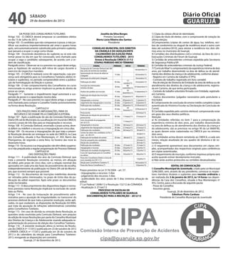 40                   sábado
                     29 de dezembro de 2012
                                                                                                                                                                                            Diário Oficial
                                                                                                                                                                                             GUARUJÁ
            DA POSSE DOS CONSELHEIROS TUTELARES                                                Joselito da Silva Borges                                       1) Cópia da cédula oficial de identidade;
Artigo 102 - O CMDCA deverá empossar os candidatos eleitos                                        Primeiro Secretário                                         2) Cópia do título de eleitor, com o comprovante de votação da
no dia 13 de Julho de 2013.                                                                 Maria Lúcia Ribeiro dos Santos                                    última eleição;
Artigo 103 - O candidato que não comparecer à posse, e não jus-                                       Presidente                                              3)Comprovantes (cópias de contas de água, luz, telefone, reci-
tificar sua ausência impreterivelmente até vinte e quatro horas                                                                                               bos de condomínio ou aluguel da residência atual e outro com
após, será automaticamente substituído pelo primeiro suplente,                      CONSELHO MUNICIPAL DOS DIREITOS                                           data até outubro/2010), para atestar a residência nos dois últi-
que passará a ocupar o cargo como titular.                                            DA CRIANÇA E DO ADOLESCENTE                                             mos anos no município de Guarujá;
Artigo 104 - Ocorrendo desistência do suplente ou se este não                         CALENDáRIO DA ELEIÇÃO PARA                                              4) Certidões dos distribuidores civil e criminal, da Vara do Júri e
tomar posse no dia em que for convocado, será chamado para                           CONSELHEIROS TUTELARES - 2013                                            Execuções Criminais do Fórum de Guarujá;
ocupar a vaga o candidato subsequente, de acordo com a or-                            Anexo à Resolução CMDCA 21/12                                           5) Certidão de antecedentes criminais expedida pela Secretaria
dem de classificação.                                                                ETAPAS PERÍODO INÍCIO TÉRMINO                                            de Segurança Pública/SP;
Parágrafo único - Observar-se-á o previsto no caput deste artigo,                     ETAPAS                   PERÍODO         INÍCIO         TÉRMINO         6) Certidão de antecedentes criminais da Justiça Federal;
para as hipóteses de vacância defi nitiva de cargos durante o        Designação da Comissão Eleitoral (até 260
                                                                                                                                            18/setembro/12
                                                                                                                                                              7) “Currículo Vitae” e comprovante(s) da experiência mínima de dois
exercício do respectivo mandato.                                     dias antes do termino do mandato)                                                        anos, por trabalho desenvolvido na área de defesa ou de atendi-
Artigo 105 - O CMDCA realizará curso de capacitação, cuja pre-       Apresentação de minuta de edital ao                                                      mento dos direitos da criança e do adolescente, conforme abaixo:
                                                                                                                15 dias                     02/outubro/12
                                                                     Colegiado
sença será obrigatória para os Conselheiros Tutelares eleitos (ti-   Aprovação do edital pelo Colegiado                                  16/outubro/12
                                                                                                                                                              - Registro em Carteira de trabalho (CTPS);
tulares e suplentes), no período compreendido entre a publica-                                                                   17/                          - Contrato de trabalho registrado em livro contábil;
ção da homologação da Eleição e a posse.                             Publicação do edital                         05 dias                23/outubro/12        - Ata de eleição de Diretoria de Entidade da área de defesa ou de
                                                                                                                             outubro/12
Artigo 106 - O não comparecimento dos Conselheiros no curso          Inscrição dos interessados
                                                                                                                  30 dias
                                                                                                                                 08/
                                                                                                                                        07/dezembro/12
                                                                                                                                                              atendimento dos direitos da criança e do adolescente, registra-
mencionado no artigo anterior implicará na perda do direito de       (mínimo 20 dias)                                       novembro/12                       da em Cartório, de que tenha participado;
posse ao cargo.                                                                                                                  10/                          - Contrato de trabalho voluntário firmado com Entidade, registrado
                                                                     Analise dos pedidos de inscrição             15 dias               31/dezembro/12
                                                                                                                            dezembro/12
Parágrafo 1º - Somente o impedimento legal autorizará a sus-         Publicação da relação das inscrições
                                                                                                                                                              em Cartório;
pensão da posse e a capacitação noutra data.                                                                      05 dias   02/janeiro/13    08/janeiro/13    - Outros documentos (julgados necessários pelo postulante a
                                                                     aceitas
Parágrafo 2º - No caso previsto no caput deste artigo, o suplente    Impugnações e recursos                       03 dias   09/janeiro/13    11/janeiro/13    inscrição);
será chamado para compor o Conselho Tutelar provisoriamente,         Julgamento das impugnações e recursos        05 dias   21/janeiro/13    25/janeiro/13    8) Comprovante de conclusão do ensino médio completo (cópia
na forma desta Resolução.                                            Publicação dos resultados                    05 dias   28/janeiro/13   01/fevereiro/13   autenticada do Histórico Escolar ou Declaração de Conclusão de
                             CAPITULO V                                                                                          18/                          Curso);
                                                                     Curso de Capacitação Previa                  05 dias                   22/fevereiro/13
                                                                                                                             fevereiro/13
         DOS PRAZOS PARA AS IMPUGNAÇÕES, PARA OS                                                                                                              9) Certidão expedida pelo cartório eleitoral, comprovando estar
                                                                     Prova escrita                                                           03/março/13
       RECURSOS E DO EXAME PELA COMISSÃO ELEITORAL                   Publicação da relação de aprovados na                                                    em gozo dos seus direitos políticos.
Artigo 107 - Após a publicação do ato da Comissão Eleitoral, no                                                   05 dias   11/março/13      15/março/13      Atenção:
                                                                     prova escrita
Diário Ofi cial do Município ou sua afixação em mural do CMDCA,      Inicio do período de propaganda
                                                                                                                            11/março/13
                                                                                                                                                              a) As entidades referidas no item 7 para a comprovação da
correrá o prazo de três dias para as impugnações e recursos.         (art. 62 § 2º)                                                                           experiência mínima de dois anos, por trabalho desenvolvido
Artigo 108 - A Comissão Eleitoral, encerrado o prazo acima, deve-    Impugnações e recursos                       03 dias   18/março/13      20/março/13      na área de defesa ou de atendimento dos direitos da criança e
                                                                     Julgamento das impugnações e recursos        05 dias   21/março/13      27/março/13
rá deferir ou indeferir o recurso ou a impugnação em cinco dias.                                                                                              do adolescente, são as previstas no artigo 90 da Lei 8069/90,
                                                                     Publicação dos resultados                    05 dias   28/março/13       04/abril/13
Artigo 109 - Os recursos e impugnações de que trata a presen-        Sorteio da ordem dos candidatos (se for o
                                                                                                                                                              as quais devem estar cadastradas no CMDCA por no mínimo
te Resolução deverão ser entregue na sede do CMDCA, na Casa          caso – art. 46 § 2º)
                                                                                                                                              05/abril/13     dois anos.
dos Conselhos, situada à Rua Montenegro, nº. 455. Bairro das         Publicação do resultado do sorteio           05 dias    08/abril/13      12/abril/13     b) As entidades acima devem remeterão ao CMDCA, a cada seis
Pitangueiras, de segunda a sexta feira, no horário das nove às       Final da campanha dos candidatos                                        23/maio/13       meses, relação atualizada de seu quadro de diretoria e de vo-
dezessete horas.                                                     Eleição dos conselheiros                                                26/maio/13       luntários.
Artigo 110 - Os recursos e as impugnações não têm efeito suspensi-   Publicação dos resultados                    05 dias   27/maio/13       31/maio/13       c) O requerente apresentará seus documentos em cópias sim-
vo e não prejudicarão a regular programação do Processo Eleitoral.   Impugnações e recursos                       03 dias   03/junho/13      5/junho/13       ples, acompanhados dos respectivos originais para conferência
                                                                     Publicação do resultado do julgamento        05 dias   06/junho/13      12/junho/13
                             CAPITULO VI                                                                                                                      em cópias autenticadas.
                                                                     Curso de Capacitação para os Conselhei-
                     DAS DISPOSIÇÕES FINAIS                          ros eleitos
                                                                                                                  05 dias   24/junho/13      28/junho/13      d) O requerimento de inscrição, conforme impresso próprio será
Artigo 111 - A publicidade dos atos da Comissão Eleitoral, que       Posse dos Conselheiros Eleitos e inicio do                                               aceito quando estiver devidamente instruído.
                                                                                                                                             13/julho/13
trata a presente Resolução consistirá, ao menos, em afixação         novo mandato (Lei 3911/11)                                                               e) Não serão aceitos protocolos ou certidões desatualizadas.
de edital, pelo prazo de cinco dias, com a relação nominal dos       Eleição para Conselheiros Tutelares (*)                                04/outubro/15
aprovados em cada uma das fases do procedimento de escolha,          Posse dos Novos Conselheiros (*)                                        10/janeiro/16                       EDITAL DE CONVOCAÇÃO
independentemente da publicação no Diário Ofi cial do Municí-                                                                                                 O Conselho Municipal de Juventude, criado pela Lei Municipal
                                                                     Prazos previstos na Lei 3176/2004 – art. 57:
pio, que ocorrerá sempre que possível.                                                                                                                        3246/2005, vem, através de seu presidente, convocar os respec-
                                                                     - Impugnações e recursos: 3 dias
Artigo 112 - Os documentos de inscrições indeferidas deverão                                                                                                  tivos membros titulares e suplentes para reunião ordinária a
                                                                     - julgamento dos recursos: 5 dias
ser retirados pelos interessados, no prazo de trinta dias da pu-                                                                                              ser realizada dia 3 de janeiro de 2013, às 14 horas nas depen-
                                                                     - publicidade dos atos: prazo de 5 dias (mínimo afixação de
blicação do edital respectivo. Após este prazo os documentos                                                                                                  dências da Casa dos Conselhos, situada à Rua Montenegro nº
                                                                     edital)
serão incinerados.                                                                                                                                            455, Centro, para a discussão da seguinte pauta:
                                                                     (*) Lei Federal 12696/12 e Resolução 152/12 do CONANDA
Artigo 113 - O descumprimento dos dispositivos legais e norma-                                                                                                - Posse do Conselho;
                                                                     - Atualização 3: 27/set/12
tivos previstos nesta Resolução implicará na exclusão do candi-                                                                                               - Assuntos gerais.
                                                                                       PROCESSO DE ESCOLHA DE
dato ao Pleito.                                                                                                                                                               Guarujá, 26 de dezembro de 2012.
                                                                                CONSELHEIROS TUTELARES DE GUARUJA
Artigo 114 - No caso da instauração de procedimento admi-                                                                                                                         Edmilson Pinto Cardozo
                                                                             DOCUMENTAÇÃO PARA A INSCRIÇÃO – 2012/13
nistrativo para a apuração de irregularidades no transcorrer do                                                                                                        Presidente do Conselho Municipal da Juventude
processo eleitoral de que trata a presente resolução, serão apli-
cados, no que couberem, as disposições da Resolução 02/2005,




                                                                                                   CIPA
que trata da apuração de infrações administrativas cometidas
pelos Conselheiros Tutelares.
Artigo 115 - Em caso de dúvida ou omissão desta Resolução, as
questões serão resolvidas pela Comissão Eleitoral, sem prejuízo
de edição de novas Resoluções por parte do Conselho Municipal
dos Direitos da Criança e do Adolescente visando adequada re-
gulamentação do processo de eleição dos Conselhos Tutelares.
Artigo 116 – A presente resolução altera os termos da Resolu-
ção do CMDCA nº 17/2012 publicada em 23 de outubro de 2012
e ERRATA CMDCA nº 17/2012 publicada em 26 de outubro de              Comissão Interna de Prevenção de Acidentes
2012 e do calendário da eleição para Conselheiros Tutelares-
2013, revogando as disposições em contrário.
                 Guarujá, 27 de Dezembro de 2012.                                                 cipa@guaruja.sp.gov.br
 