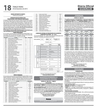 MARIA ANTONIETA DE BRITO
Prefeita de Guarujá-SP
COMUNICAÇÃO DE FÉRIAS DOS
PROFESSORES COM PERÍODOS REDUZIDOS
A Prefeitura Municipal de Guarujá, Estado de São Paulo, através
da Secretaria Municipal de Administração-ADM torna público,
para que não se alegue desconhecimento, a relação dos servi-
dores pertencentes ao Quadro do Magistério, de acordo com a
programação para fruição autorizada do período de férias com
início em janeiro de 2016, os quais não têm direito às férias ou
que têm fruição inferior a 30 (trinta) dias devido à ocorrência de
faltas, de acordo com o disposto na LC 135/2012.
Os servidores mencionados deverão buscar orientação para
suas atividades junto à Secretaria de Educação.
FÉRIAS REDUZIDAS
Os servidores pertencentes ao QUADRO DO MAGISTÉRIO, lista-
dos abaixo, têm seu período de fruição inferior a 30 (trinta) dias,
em virtude do previsto na LC 135/2012, art. 280.
Prontuário Servidor Faltas Dias a Fruir
10503 ADRIANA RAMIRES LOPO FERRAZ 8 24
18187 ALESSANDRA DA SILVA ALVARES DOS SANTOS 9 24
17919 CARLOS EDUARDO VICENTE 10 24
10345 CASSIA DE OLIVEIRA ESPINOSA 11 24
6960 CASSIA MARIA DE SOUZA ALVES 7 24
10599 CATIA CILENE CAPELLO 27 12
16755 CLAUDIA ROBERTA GATTI DOS S FIGUEIREDO 18 18
12040 CRISTIANE GOMES IGREJAS 7 24
18256 DANIEL MIDOLI SOTO BARREIRO 7 24
16179 DARIO DOS SANTOS OLIVEIRA 7 24
11010 ERINALVA GONCALVES XAVIER 10 24
12902 FLAVIA NETO POCCI 15 18
16162 GISLEINE APARECIDA Z LIMA 23 18
12147 HELENA MARIA DZIELINSKI BARBATO 19 18
16312 ISABEL CRISTINA MASUMOTO PEREZ 11 24
11027 JOSE RICARDO DOS SANTOS 10 24
14946 LUCIANA DA COSTA PINTO BARBOSA 10 24
12967 LUCIANA GOMES 20 18
18480 LUCIANA MIRANDA DE MELO 10 24
13207 LUCIANE ANDRADE DE MATTOS 26 12
10331 MANUEL PEREIRA SOARES NETO 14 24
16224 MARCIA DA SILVA E SILVA SANTOS 20 18
17875 MARCOS JOSE DE SOUZA ROCHA 15 18
15057 MARIA FERNANDA TEIXEIRA DOS S RIBEIRO 17 18
7169 MARLY GOMES DA SILVA 8 24
15058 MAURA SOARES BARBOSA 8 24
5064 NINA FATIMA MENDES DIAS DINIZ 26 12
19664 RACHEL MAXWELL A RODRIGUES 11 24
14881 REGINA MARIA CASADO LIMA 7 24
16303 RIVALDO JOSE DE MOURA 12 24
19677 RONALDO GOMES PEREIRA JUNIOR 10 24
12534 ROSANA ALBANO DOS SANTOS ABREU 11 24
13109 VALERIO ALVARES REBOUCAS 14 24
7891 VERA LUCIA JACINTO 6 24
FÉRIAS PERDIDAS
Os servidores pertencentes ao QUADRO DO MAGISTÉRIO, listados
abaixo, perderam o direito às férias devido a afastamentos: Licença
sem vencimentos superior a 180 dias; Faltas acima de 32; Auxílio
doença acima de 180 dias conforme previsto na LC 135/2012.
Prontuário Servidor Afastamento
10445 ALICE SATIKO SHIGUEMOTO FALTAS
11100 ANA MARIA DOS SANTOS AD
18092 ANA RUTH DE SOUZA LICHTNER FALTAS
12937 ANDRE HENRIQUE DA SILVA FALTAS
17884 ANDRESA ZONTA FALTAS
2325 ARINDA PIACENTINI DE OLIVEIRA E OLIVEIRA AD
12105 CARLA CRISTINA A B ALVAREZ FALTAS
17156 CARMEN SILVIA PIRES MARTINS AD
7293 CLAUDIA MARA DA SILVA MORAIS AD
12833 DANIELA DO AMARAL MOURAO LSV
11003 EDEILDA PESSOA BARBOSA AD
12988 EDILEUZA ANDRADE SANTOS AD
12050 EDINA ALMEIDA SILVA DE LIMA AD
7688 IVONETE TENORIO COSTA AD
13267 JOSE EDUARDO DE MELO BARROS FALTAS
6772 MARCIA AMARAL FALTAS
13225 MARCIA CRISTINA O DA SILVA FALTAS
12087 MARCIA VIEIRA DO NASCIMENTO AD
5009 MARIA DE JESUS FERREIRA DOS SANTOS AD
2197 MARIA JOSE GAMA MULLER AD
7281 MARIA NAZARE TEIXEIRA FALTAS
17007 MILENE DE ABREU ZANELLA MEIRELES LSV
12852 MONIZA CARLA MARTINS MAGALDI AD
7175 ORPIANO CASSIANO DA SILVA JR AD
14826 PATAPIO DA SILVA SOUZA FALTAS
10612 REGINA BEZERRA MARQUES FALTAS
6444 REGINA CELIA AMORIM SILVA AD
10566 REGINA HELENA DA COSTA BENELLI FALTAS
10568 ROSANGELA DOS SANTOS FALTAS
12844 ROSELAYNE DUARTE AMMIRABILE AD
17200 ROSELI OVALE DE SOUZA AD
14887 SANDRA LUZIA MARTINS DOS PASSOS AD
10615 SILVERIA BARBOSA LARA AD
18248 SIMONE APARECIDA A SANTOS FALTAS
16240 SORAYA SAADEH AD
18103 VALERIA LOPES DE ANDRADE AD
10594 VILMA MARIA DE SOUZA VIEIRA COSTA FALTAS
COMISSÃO INTERNA DE PREVENÇÃO DE ACIDENTES
COMISSÃO ELEITORAL - CE - 2015
A Comissão Eleitoral – CE – 2015, no uso de suas atribuições vem
informar o resultado das Eleições 2015/2016:
COMISSÃO INTERNA DE PREVENÇÃO DE ACIDENTES
COMISSÃO ELEITORAL - CE - 2015
A Comissão Eleitoral – CE – 2015, no uso de suas atribuições vêm informar o resultado das
Eleições 2015/2016:
Eleitores Habilitados 5.974
Eleitores
Votantes
849
Eleitores Não
Votantes
5125
Percentual 14,21
Candidato Apelido
Total de
Votos
Membros
Titulares
1º Valdemir Genuíno da Silva Branco 171
2º Damião José da Silva Damião 127
3º Antonio José Fernandes
Seu Antonio do
Caminhão do Peixe
83
4º Ruy Lins Melo Medeiros Ruy Lins 78
5º Celso Roberto da Silva Celso 74
Suplentes
1º Moacir Correa dos Santos Moacir da Poda 73
2º Edil Nascimento Edil 59
3º José Altamir de Aguiar Alta 48
4º Anderson Alves Andrade Anderson de Andrade 46
Maria das Neves M. A. Silva Neves Poetisa 45
Ailton José de Santana Ailton Santana 27
Votos em
Branco
18
Guarujá, 28 de dezembro de 2015.
Comissão Eleitoral 2015
Guarujá, 28 de dezembro de 2015.
Comissão Eleitoral 2015
DESENVOLVIMENTO E
ASSISTÊNCIA SOCIAL
EDITAL Nº. 085/2015 - CMDCA
Convocação
OConselhoMunicipaldosDireitosdaCriançaedoAdolescen-
tedeGuarujá–CMDCA, no uso das atribuições legais estabeleci-
das na Lei Municipal nº 3.944 de 30 de maio de 2012 convoca MA-
RIAVALDENIRA DA SILVA, para assumir a função de Conselheira
Tutelar (suplente) do Conselho Tutelar de Vicente de Carvalho no
período de 28/12/2015 a 14/01/2016 referente às ferias do Conse-
lheiroTutelar (titular), LUCIANO ALBERTO DE SOUZA SILVA. Nos
termos da Lei Municipal e nº 4.241 de 31 de Julho de 2015.
Guarujá, 22 de dezembro de 2015.
Ronaldo Araújo Santana
Presidente do CMDCA
FINANÇAS
EDITAL N.º 80/2015
Façopúblicoqueestãosendoexpedidososavisosparapagamento
do IMPOSTO PREDIAL E TERRITORIAL URBANO E TAXAS DE
REMOÇÃO DE LIXO referente à EMISSÃO NORMAL 2016 em 12
(doze) parcelas, cujos vencimentos serão conforme tabela abaixo.
Os contribuintes que eventualmente não receberem seus avisos
antes dos vencimentos da COTA ÚNICA ou 1.ª primeira parcela,
poderão emitir seu boleto através do site www.guaruja.sp.gov.
br, em Serviços Online, 2ª Via de Boletos, opção IPTU. Esta opção
estará disponível a partir de 04.01.2016.
VENCIMENTOS PARA PAGAMENTO DA COTA ÚNICA
CENTRO SUL OESTE LESTE ZN NORTE ZN SUL
0 1 2 3 5 6
14/01/16 22/01/16 27/01/16 22/01/16 29/01/16 29/01/16
VENCIMENTOS PARA PAGAMENTO EM 12 (DOZE) PARCELAS
CENTRO SUL OESTE LESTE ZN NORTE ZN SUL
0 1 2 3 5 6
14/01/16 22/01/16 27/01/16 22/01/16 29/01/16 29/01/16
11/02/16 11/02/16 19/02/16 11/02/16 22/02/16 22/02/16
11/03/16 11/03/16 18/03/16 11/03/16 22/03/16 22/03/16
11/04/16 11/04/16 19/04/16 11/04/16 20/04/16 20/04/16
11/05/16 11/05/16 19/05/16 11/05/16 20/05/16 20/05/16
13/06/16 13/06/16 17/06/16 13/06/16 22/06/16 22/06/16
11/07/16 11/07/16 19/07/16 11/07/16 22/07/16 22/07/16
11/08/16 11/08/16 19/08/16 11/08/16 22/08/16 22/08/16
12/09/16 12/09/16 19/09/16 12/09/16 22/09/16 22/09/16
11/10/16 11/10/16 19/10/16 11/10/16 21/10/16 21/10/16
11/11/16 11/11/16 18/11/16 11/11/16 22/11/16 22/11/16
12/12/16 12/12/16 19/12/16 12/12/16 22/12/16 22/12/16
Os contribuintes com carnês referentes às Zonas Centro (0), Sul
(1), Oeste (2), Leste (3) e os seguintes locais da Zona ZN Sul (6)
(Morrinhos, Vila Zilda, Conceiçãozinha, Jd. Brasil I e II) poderão
procurá-los na CEACON - Centro de Atendimento ao Contribuinte
- Av. Leomil, n.º 630, Guichês 10 e 11, Coordenação de Receitas
Territoriais, de 2.ª a 6.ª feira das 10 às 16 horas, telefone 33444500
Ramais: 4530/4531/4533. As demais zonas, Zonas ZN Norte (5)
e Sul (6), deverão procurá-los na Unidade de Atendimento ao
Contribuinte, Rua Cunhambebe, n.º 500, de 2.ª a 6.ª feira das 10hs
às 16hs, telefone 33425872.
Guarujá, 16 de dezembro de 2015.
Armando Luis Palmieri
Secretário Municipal de Finanças
EDUCAÇÃO
COMUNICADO
A EquipeGestoradaE.M“1ºde Maio”–NúcleoTécnico-Profissional,
através da Diretoria de Programas Estratégicos Educacionais, da
Secretaria Municipal de Educação, torna público abaixo, as listas
de CLASSIFICADOS EM 2ª CHAMADA no Processo Seletivo
– Vestibulinho 2016 realizado em 30/11/2015, de acesso aos
CursosTécnicos das Áreas de ADMINISTRAÇÃO, CONTABILIDADE,
MECÂNICA, MEIO AMBIENTE (com foco em Química Ambiental)
e QUÍMICA.
Os candidatos classificados devem efetuar a matrícula conforme
as informações a seguir:
* Data das matrículas: 05 de janeiro de 2016.
* Horário: das 16h00 min. às 19h00 min.
* Local: E.M “1º de Maio”, Avenida Adriano Dias dos Santos, 611
– Jd.Boa Esperança, Vicente de Carvalho / Guarujá-SP –Telefone:
(13) 3355-1349.
* Documentação necessária:
a) Xerox do documento de identidade – RG ( a CNH não será aceita
como substituta do RG).
b) Xerox CPF ( ou da RG que contém o número do CPF).
c) Xerox da Certidão de Nascimento e/ou Certidão de Casamento.
d) Xerox do Histórico Escolar do Ensino Médio - obrigatório para
os que já concluíram o Ensino Médio ou Atestado de Escolaridade
– para aqueles que ainda cursam o Ensino Médio ou para aqueles
que já concluíram o Ensino Médio, mas ainda não tiveram o acesso
ao Histórico Escolar desse nível de ensino.
Acesse
www.guaruja.sp.gov.br
TERÇA-FEIRA
29 de dezembro de 2015
18 GUARUJÁ
Diário Oficial
 