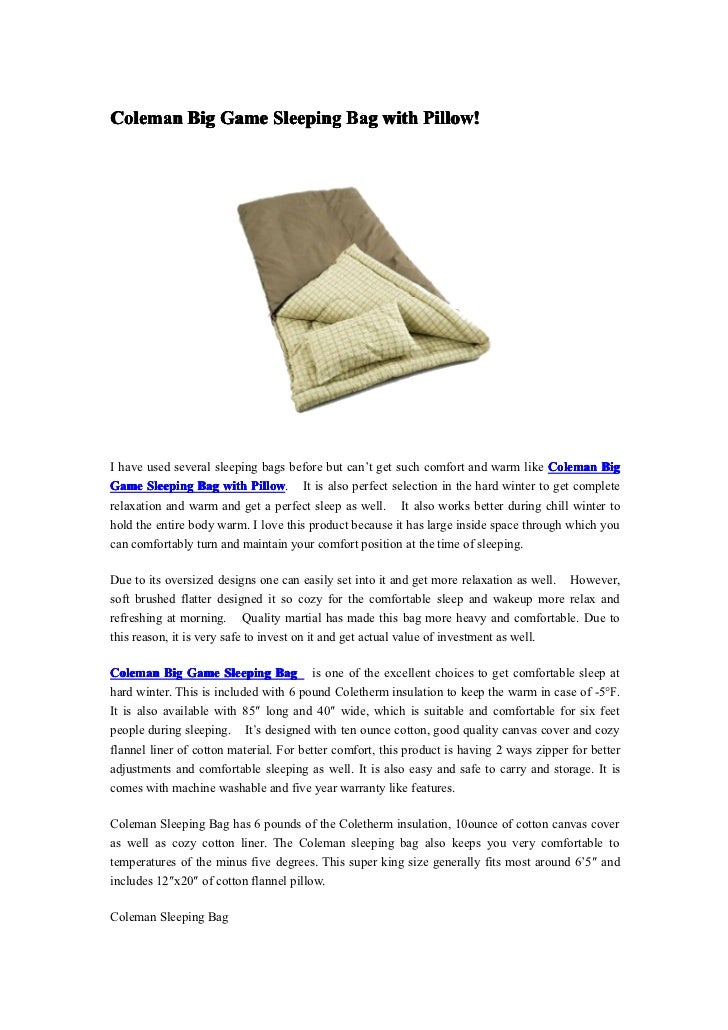 Coleman Big Game Sleeping Bag with Pillow (Sports). This sleeping bag