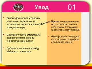 Увод                      01
                      WINTER
 Византијска власт у српским
  земљама сводила се на Template је средњовековна
                              Жупан
  вазалство ( великог жупана)       титула распрострањена
  ромејском цару.                   међу јужним Словенима,
                                    првенствено међу Србима.

 Цареви су често смењивали
                                   Назив је везан за владара
  великог жупана како би
                                    жупе, основне географске
  учврстили своју власт.            и политичке целине.

 Србија се налазила између
  Мађарске и Угарске.


                                               company name
 