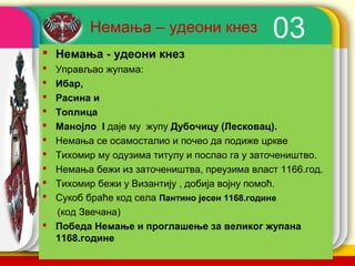Немања – удеони кнез             03
 Немања - удеони кнез
 Управљао жупама:
 Ибар,
 Расина и
 Топлица
 Манoјло I даје му жупу Дубочицу (Лесковац).
 Немања се осамосталио и почео да подиже цркве
 Тихомир му одузима титулу и послао га у заточеништво.
 Немања бежи из заточеништва, преузима власт 1166.год.
 Тихомир бежи у Византију , добија војну помоћ.
 Сукоб браће код села Пантино јесен 1168.године
  (код Звечана)
 Победа Немање и проглашење за великог жупана
  1168.године                              company name
 