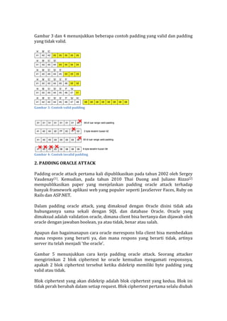  
Gambar	
  3	
  dan	
  4	
  menunjukkan	
  beberapa	
  contoh	
  padding	
  yang	
  valid	
  dan	
  padding	
  
yang	
  tidak	
  valid.	
  
	
  
	
  
Gambar	
  3:	
  Contoh	
  valid	
  padding	
  
	
  
	
  
Gambar	
  4:	
  Contoh	
  invalid	
  padding	
  
2.	
  PADDING	
  ORACLE	
  ATTACK	
  
	
  
Padding	
  oracle	
  attack	
  pertama	
  kali	
  dipublikasikan	
  pada	
  tahun	
  2002	
  oleh	
  Sergey	
  
Vaudenay[1].	
   Kemudian,	
   pada	
   tahun	
   2010	
   Thai	
   Duong	
   and	
   Juliano	
   Rizzo[2]	
  	
  
mempublikasikan	
   paper	
   yang	
   menjelaskan	
   padding	
   oracle	
   attack	
   terhadap	
  
banyak	
  framework	
  aplikasi	
  web	
  yang	
  populer	
  seperti	
  JavaServer	
  Faces,	
  Ruby	
  on	
  
Rails	
  dan	
  ASP.NET.	
  
	
  
Dalam	
   padding	
   oracle	
   attack,	
   yang	
   dimaksud	
   dengan	
   Oracle	
   disini	
   tidak	
   ada	
  
hubungannya	
   sama	
   sekali	
   dengan	
   SQL	
   dan	
   database	
   Oracle.	
   Oracle	
   yang	
  
dimaksud	
  adalah	
  validation	
  oracle,	
  dimana	
  client	
  bisa	
  bertanya	
  dan	
  dijawab	
  oleh	
  
oracle	
  dengan	
  jawaban	
  boolean,	
  ya	
  atau	
  tidak,	
  benar	
  atau	
  salah.	
  	
  
	
  
Apapun	
  dan	
  bagaimanapun	
  cara	
  oracle	
  merespons	
  bila	
  client	
  bisa	
  membedakan	
  
mana	
   respons	
   yang	
   berarti	
   ya,	
   dan	
   mana	
   respons	
   yang	
   berarti	
   tidak,	
   artinya	
  
server	
  itu	
  telah	
  menjadi	
  ‘the	
  oracle’.	
  
	
  
Gambar	
   5	
   menunjukkan	
   cara	
   kerja	
   padding	
   oracle	
   attack.	
   Seorang	
   attacker	
  
mengirimkan	
   2	
   blok	
   ciphertext	
   ke	
   oracle	
   kemudian	
   mengamati	
   responsnya,	
  
apakah	
  2	
  blok	
  ciphertext	
  tersebut	
  ketika	
  didekrip	
  memiliki	
  byte	
  padding	
  yang	
  
valid	
  atau	
  tidak.	
  
	
  
Blok	
  ciphertext	
  yang	
  akan	
  didekrip	
  adalah	
  blok	
  ciphertext	
  yang	
  kedua.	
  Blok	
  ini	
  
tidak	
  perah	
  berubah	
  dalam	
  setiap	
  request.	
  Blok	
  ciphertext	
  pertama	
  selalu	
  diubah	
  
 