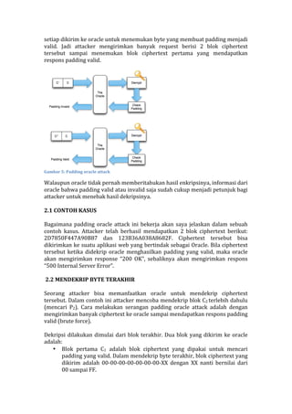 setiap	
  dikirim	
  ke	
  oracle	
  untuk	
  menemukan	
  byte	
  yang	
  membuat	
  padding	
  menjadi	
  
valid.	
   Jadi	
   attacker	
   mengirimkan	
   banyak	
   request	
   berisi	
   2	
   blok	
   ciphertext	
  
tersebut	
   sampai	
   menemukan	
   blok	
   ciphertext	
   pertama	
   yang	
   mendapatkan	
  
respons	
  padding	
  valid.	
  
	
  
	
  
Gambar	
  5:	
  Padding	
  oracle	
  attack	
  
Walaupun	
  oracle	
  tidak	
  pernah	
  memberitahukan	
  hasil	
  enkripsinya,	
  informasi	
  dari	
  
oracle	
  bahwa	
  padding	
  valid	
  atau	
  invalid	
  saja	
  sudah	
  cukup	
  menjadi	
  petunjuk	
  bagi	
  
attacker	
  untuk	
  menebak	
  hasil	
  dekripsinya.	
  
	
  
2.1	
  CONTOH	
  KASUS	
  
	
  
Bagaimana	
  padding	
  oracle	
  attack	
  ini	
  bekerja	
  akan	
  saya	
  jelaskan	
  dalam	
  sebuah	
  
contoh	
   kasus.	
   Attacker	
   telah	
   berhasil	
   mendapatkan	
   2	
   blok	
   ciphertext	
   berikut:	
  
2D7850F447A90B87	
   dan	
   123B36A038A8682F.	
   Ciphertext	
   tersebut	
   bisa	
  
dikirimkan	
  ke	
  suatu	
  aplikasi	
  web	
  yang	
  bertindak	
  sebagai	
  Oracle.	
  Bila	
  ciphertext	
  
tersebut	
  ketika	
  didekrip	
   oracle	
  menghasilkan	
  padding	
  yang	
  valid,	
  maka	
  oracle	
  
akan	
   mengirimkan	
   response	
   “200	
   OK”,	
   sebaliknya	
   akan	
   mengirimkan	
   respons	
  
“500	
  Internal	
  Server	
  Error”.	
  
	
  
	
  2.2	
  MENDEKRIP	
  BYTE	
  TERAKHIR	
  
	
  
Seorang	
   attacker	
   bisa	
   memanfaatkan	
   oracle	
   untuk	
   mendekrip	
   ciphertext	
  
tersebut.	
  Dalam	
  contoh	
  ini	
  attacker	
  mencoba	
  mendekrip	
  blok	
  C2	
  terlebih	
  dahulu	
  
(mencari	
   P2).	
   Cara	
   melakukan	
   serangan	
   padding	
   oracle	
   attack	
   adalah	
   dengan	
  
mengirimkan	
  banyak	
  ciphertext	
  ke	
  oracle	
  sampai	
  mendapatkan	
  respons	
  padding	
  
valid	
  (brute	
  force).	
  
	
  
Dekripsi	
  dilakukan	
  dimulai	
  dari	
  blok	
  terakhir.	
  Dua	
  blok	
  yang	
  dikirim	
  ke	
  oracle	
  
adalah:	
  
• Blok	
   pertama	
   C1	
   adalah	
   blok	
   ciphertext	
   yang	
   dipakai	
   untuk	
   mencari	
  
padding	
  yang	
  valid.	
  Dalam	
  mendekrip	
  byte	
  terakhir,	
  blok	
  ciphertext	
  yang	
  
dikirim	
   adalah	
   00-­‐00-­‐00-­‐00-­‐00-­‐00-­‐00-­‐XX	
   dengan	
   XX	
   nanti	
   bernilai	
   dari	
  
00	
  sampai	
  FF.	
  
 