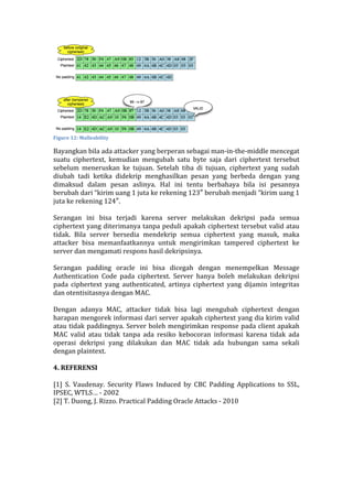  
Figure	
  12:	
  Malleability	
  
Bayangkan	
  bila	
  ada	
  attacker	
  yang	
  berperan	
  sebagai	
  man-­‐in-­‐the-­‐middle	
  mencegat	
  
suatu	
   ciphertext,	
   kemudian	
   mengubah	
   satu	
   byte	
   saja	
   dari	
   ciphertext	
   tersebut	
  
sebelum	
   meneruskan	
   ke	
   tujuan.	
   Setelah	
   tiba	
   di	
   tujuan,	
   ciphertext	
   yang	
   sudah	
  
diubah	
   tadi	
   ketika	
   didekrip	
   menghasilkan	
   pesan	
   yang	
   berbeda	
   dengan	
   yang	
  
dimaksud	
   dalam	
   pesan	
   aslinya.	
   Hal	
   ini	
   tentu	
   berbahaya	
   bila	
   isi	
   pesannya	
  
berubah	
  dari	
  “kirim	
  uang	
  1	
  juta	
  ke	
  rekening	
  123″	
  berubah	
  menjadi	
  “kirim	
  uang	
  1	
  
juta	
  ke	
  rekening	
  124″.	
  
	
  
Serangan	
   ini	
   bisa	
   terjadi	
   karena	
   server	
   melakukan	
   dekripsi	
   pada	
   semua	
  
ciphertext	
  yang	
  diterimanya	
  tanpa	
  peduli	
  apakah	
  ciphertext	
  tersebut	
  valid	
  atau	
  
tidak.	
   Bila	
   server	
   bersedia	
   mendekrip	
   semua	
   ciphertext	
   yang	
   masuk,	
   maka	
  
attacker	
   bisa	
   memanfaatkannya	
   untuk	
   mengirimkan	
   tampered	
   ciphertext	
   ke	
  
server	
  dan	
  mengamati	
  respons	
  hasil	
  dekripsinya.	
  
	
  
Serangan	
   padding	
   oracle	
   ini	
   bisa	
   dicegah	
   dengan	
   menempelkan	
   Message	
  
Authentication	
   Code	
   pada	
   ciphertext.	
   Server	
   hanya	
   boleh	
   melakukan	
   dekripsi	
  
pada	
   ciphertext	
   yang	
   authenticated,	
   artinya	
   ciphertext	
   yang	
   dijamin	
   integritas	
  
dan	
  otentisitasnya	
  dengan	
  MAC.	
  	
  
	
  
Dengan	
   adanya	
   MAC,	
   attacker	
   tidak	
   bisa	
   lagi	
   mengubah	
   ciphertext	
   dengan	
  
harapan	
  mengorek	
  informasi	
  dari	
  server	
  apakah	
  ciphertext	
  yang	
  dia	
  kirim	
  valid	
  
atau	
  tidak	
  paddingnya.	
  Server	
  boleh	
  mengirimkan	
  response	
  pada	
  client	
  apakah	
  
MAC	
   valid	
   atau	
   tidak	
   tanpa	
   ada	
   resiko	
   kebocoran	
   informasi	
   karena	
   tidak	
   ada	
  
operasi	
   dekripsi	
   yang	
   dilakukan	
   dan	
   MAC	
   tidak	
   ada	
   hubungan	
   sama	
   sekali	
  
dengan	
  plaintext.	
  
	
  
4.	
  REFERENSI	
  
	
  
[1]	
   S.	
   Vaudenay.	
   Security	
   Flaws	
   Induced	
   by	
   CBC	
   Padding	
   Applications	
   to	
   SSL,	
  
IPSEC,	
  WTLS…	
  -­‐	
  2002	
  
[2]	
  T.	
  Duong,	
  J.	
  Rizzo.	
  Practical	
  Padding	
  Oracle	
  Attacks	
  -­‐	
  2010	
  
	
  
 
