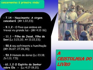 - 7.14 – Nascimento: A virgem
conceberá (Mt 1.22,23);
- 9.1,2 – O Povo que andava em
trevas viu grande luz - (Mt 4.12-16);
- 11.1 – Filho de Jessé, filho de
Davi (Lc 3.23,32; At 13.22,23);
- 50.6 seu sofrimento e humilhação
(Mt 26.67; 27.26,30);
- 53.3 Homem de dores (Lc 23.18;
Jo 1.11; 7.5);
- 61.1,2 O Espírito do Senhor
sobre Ele - (Lc 4.17-19,21).
A
CRISTOLIGIA DO
LIVRO
concernentes à primeira vinda:
 