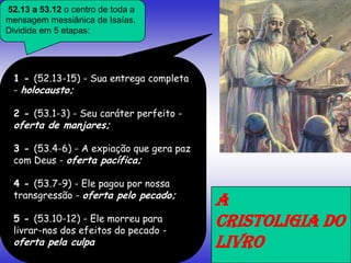 1 - (52.13-15) - Sua entrega completa
- holocausto;
2 - (53.1-3) - Seu caráter perfeito -
oferta de manjares;
3 - (53.4-6) - A expiação que gera paz
com Deus - oferta pacífica;
4 - (53.7-9) - Ele pagou por nossa
transgressão - oferta pelo pecado;
5 - (53.10-12) - Ele morreu para
livrar-nos dos efeitos do pecado -
oferta pela culpa
52.13 a 53.12 o centro de toda a
mensagem messiânica de Isaías.
Dividida em 5 etapas:
A
CRISTOLIGIA DO
LIVRO
 