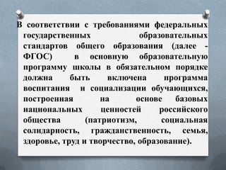 В соответствии с требованиями федеральных
государственных
образовательных
стандартов общего образования (далее ФГОС)
в основную образовательную
программу школы в обязательном порядке
должна
быть
включена
программа
воспитания и социализации обучающихся,
построенная
на
основе
базовых
национальных
ценностей
российского
общества
(патриотизм,
социальная
солидарность, гражданственность, семья,
здоровье, труд и творчество, образование).

 