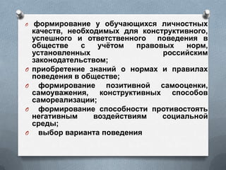 O

O
O

O

O

формирование у обучающихся личностных
качеств, необходимых для конструктивного,
успешного и ответственного поведения в
обществе
с
учѐтом
правовых
норм,
установленных
российским
законодательством;
приобретение знаний о нормах и правилах
поведения в обществе;
формирование позитивной самооценки,
самоуважения, конструктивных способов
самореализации;
формирование способности противостоять
негативным
воздействиям
социальной
среды;
выбор варианта поведения

 