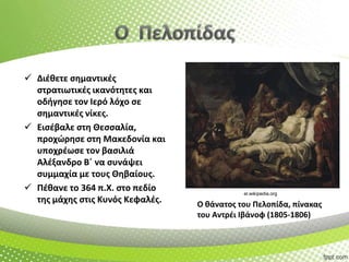  Διζκετε ςθμαντικζσ
ςτρατιωτικζσ ικανότθτεσ και
οδιγθςε τον Ιερό λόχο ςε
ςθμαντικζσ νίκεσ.
 Ειςζβαλε ςτθ Θεςςαλία,
προχϊρθςε ςτθ Μακεδονία και
υποχρζωςε τον βαςιλιά
Αλζξανδρο Βϋ να ςυνάψει
ςυμμαχία με τουσ Θθβαίουσ.
 Πζκανε το 364 π.Χ. ςτο πεδίο
τθσ μάχθσ ςτισ Κυνόσ Κεφαλζσ.

el.wikipedia.org

Ο κάνατοσ του Πελοπίδα, πίνακασ
του Αντρζι Ιβάνοφ (1805-1806)

 