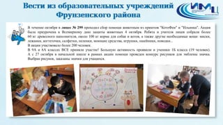 3 
В течение октября в лицее № 299 проходил сбор помощи животным из приютов "КотоФеи" и "Ильинка". Акция 
была приурочена к Всемирному дню защиты животных 4 октября. Ребята и учителя лицея собрали более 
60 кг древесного наполнителя, около 100 кг корма для собак и котов, а также другие необходимые вещи: миски, 
лежанки, когтеточки, салфетки, пеленки, моющие средства, игрушки, ошейники, поводки... 
В акции участвовало более 200 человек. 
В 9А и 8А классах ВСЕ приняли участие! Большую активность проявили и ученики 1Б класса (19 человек). 
А с 27 октября в начальной школе в рамках акции помощи проведен конкурс рисунков для эмблемы значка. 
Выбран рисунок, заказаны значки для учащихся. 
 