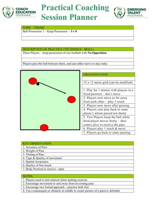 Practical Coaching 
Session Planner 
TOPIC / THEME 
Ball Possession 1 – Keep Possession - 3 v 0 
DESCRIPTION OF PRACTICE (TECHNIQUE / SKILL) 
Three Players – keep possession of one football with No Opposition 
Players pass the ball between them, and can either move or stay static 
ORGANISATION 
15 x 12 metre grid (can be modified) 
1. Play for 1 minute with players in a 
fixed position – don’t move 
2. Players now move as far away 
from each other – play 2 touch 
3. Players now move after passing 
4. Players cant play back to same 
player ( whom passed ton them) 
5. Two Players keep the ball while 
third player moves freely – then 
comes alive to receive the pass 
6. Players play 1 touch & move 
7. Players go back to static passing 
KEY OBSERVATION 
1. Accuracy of Pass 
2. Weight of Pass 
3. Timing of Pass 
4. Type & Quality of movement 
5. Spatial Awareness 
6. Quality of first touch 
7. Body Position to receive - open 
NOTES 
1. Players need to feel relaxed when starting exercise 
2. Encourage movement to and away from in-coming pass 
3. Encourage two footed approach – practice both feet 
4. Use a mannequin or obstacle in middle to create picture of a passive defender 

