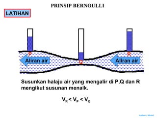 Author : Khairi
LATIHAN
P
Q
R
Aliran airAliran air
Susunkan halaju air yang mengalir di P,Q dan R
mengikut susunan menaik.
VR < VP < VQ
PRINSIP BERNOULLI
 