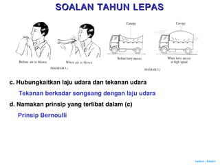 Author : Khairi
c. Hubungkaitkan laju udara dan tekanan udara
Tekanan berkadar songsang dengan laju udara
d. Namakan prinsip yang terlibat dalam (c)
Prinsip Bernoulli
SOALAN TAHUN LEPASSOALAN TAHUN LEPAS
 