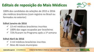 Editais de reposição do Mais Médicos
100% dos candidatos da seleções de 2015 e 2016
são médicos brasileiros (com registro no Brasil ou
formados no exterior)
Edital Janeiro de 2016
 13 mil médicos brasileiros inscritos
 100% das vagas ocupadas por brasileiros
 72% ficaram no Programa após a 1ª semana
Edital Abril de 2016
 3 mil médicos brasileiros inscritos
 Mais 46 novos municípios
 