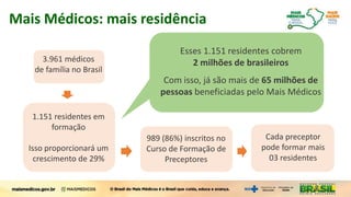 Mais Médicos: mais residência
3.961 médicos
de família no Brasil
1.151 residentes em
formação
Isso proporcionará um
crescimento de 29%
Esses 1.151 residentes cobrem
2 milhões de brasileiros
Com isso, já são mais de 65 milhões de
pessoas beneficiadas pelo Mais Médicos
989 (86%) inscritos no
Curso de Formação de
Preceptores
Cada preceptor
pode formar mais
03 residentes
 