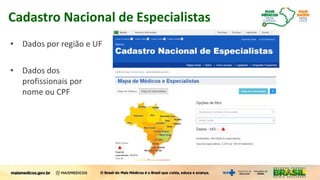 Cadastro Nacional de Especialistas
• Dados por região e UF
• Dados dos
profissionais por
nome ou CPF
 