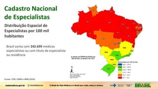 Fontes: CFM, CNRM e AMB (2016).
Brasil conta com 242.699 médicos
especialistas ou com título de especialista
ou residência
Cadastro Nacional
de Especialistas
Distribuição Espacial de
Especialistas por 100 mil
habitantes
 