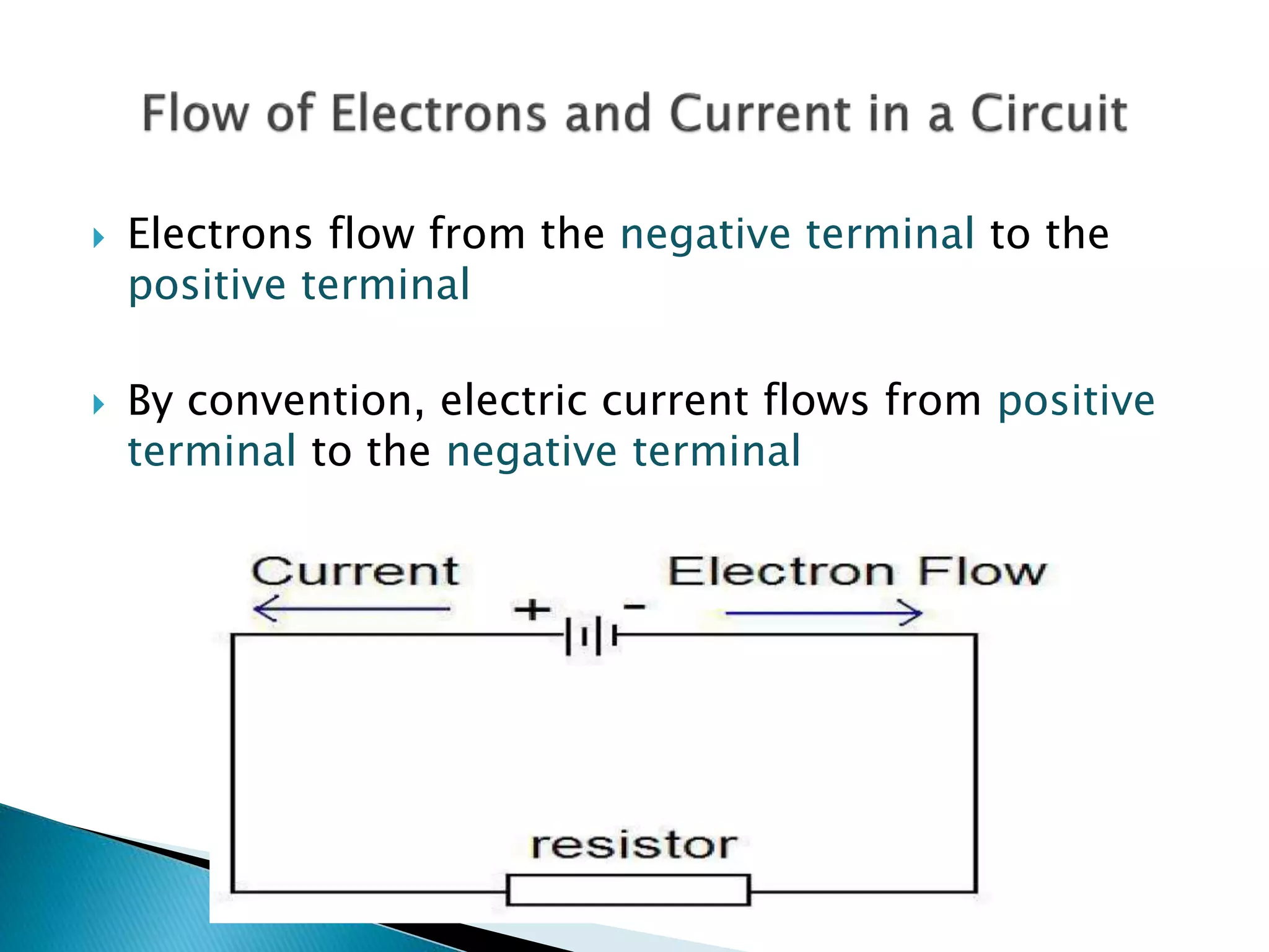  Electrons flow from the negative terminal to the
positive terminal
 By convention, electric current flows from positive
terminal to the negative terminal
 