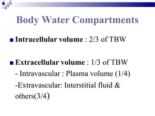 Body Water Compartments
■ Intracellular volume : 2/3 of TBW
■ Extracellular volume : 1/3 of TBW
- Intravascular : Plasma volume (1/4)
-Extravascular: Interstitial fluid &
others(3/4)
 