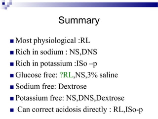 Summary
■ Most physiological :RL
■ Rich in sodium : NS,DNS
■ Rich in potassium :ISo –p
■ Glucose free: ?RL,NS,3% saline
■ Sodium free: Dextrose
■ Potassium free: NS,DNS,Dextrose
■ Can correct acidosis directly : RL,ISo-p
 