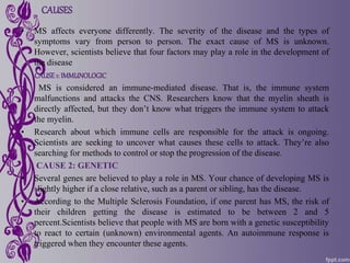 CAUSES
• MS affects everyone differently. The severity of the disease and the types of
symptoms vary from person to person. The exact cause of MS is unknown.
However, scientists believe that four factors may play a role in the development of
the disease
CAUSE1: IMMUNOLOGIC
MS is considered an immune-mediated disease. That is, the immune system
malfunctions and attacks the CNS. Researchers know that the myelin sheath is
directly affected, but they don’t know what triggers the immune system to attack
the myelin.
• Research about which immune cells are responsible for the attack is ongoing.
Scientists are seeking to uncover what causes these cells to attack. They’re also
searching for methods to control or stop the progression of the disease.
CAUSE 2: GENETIC
• Several genes are believed to play a role in MS. Your chance of developing MS is
slightly higher if a close relative, such as a parent or sibling, has the disease.
• According to the Multiple Sclerosis Foundation, if one parent has MS, the risk of
their children getting the disease is estimated to be between 2 and 5
percent.Scientists believe that people with MS are born with a genetic susceptibility
to react to certain (unknown) environmental agents. An autoimmune response is
triggered when they encounter these agents.
 