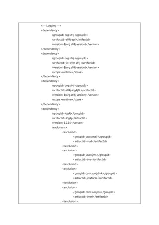<!-- Logging -->
<dependency>
<groupId>org.slf4j</groupId>
<artifactId>slf4j-api</artifactId>
<version>${org.slf4j-version}</version>
</dependency>
<dependency>
<groupId>org.slf4j</groupId>
<artifactId>jcl-over-slf4j</artifactId>
<version>${org.slf4j-version}</version>
<scope>runtime</scope>
</dependency>
<dependency>
<groupId>org.slf4j</groupId>
<artifactId>slf4j-log4j12</artifactId>
<version>${org.slf4j-version}</version>
<scope>runtime</scope>
</dependency>
<dependency>
<groupId>log4j</groupId>
<artifactId>log4j</artifactId>
<version>1.2.15</version>
<exclusions>
<exclusion>
<groupId>javax.mail</groupId>
<artifactId>mail</artifactId>
</exclusion>
<exclusion>
<groupId>javax.jms</groupId>
<artifactId>jms</artifactId>
</exclusion>
<exclusion>
<groupId>com.sun.jdmk</groupId>
<artifactId>jmxtools</artifactId>
</exclusion>
<exclusion>
<groupId>com.sun.jmx</groupId>
<artifactId>jmxri</artifactId>
</exclusion>
 