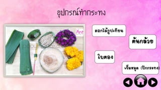 อุปกรณ์ทากระทง
ใบตอง
ต้นกล้วย
ดอกไม้ธูปเทียน
เข็มหมุด (ปักกระทง)
 